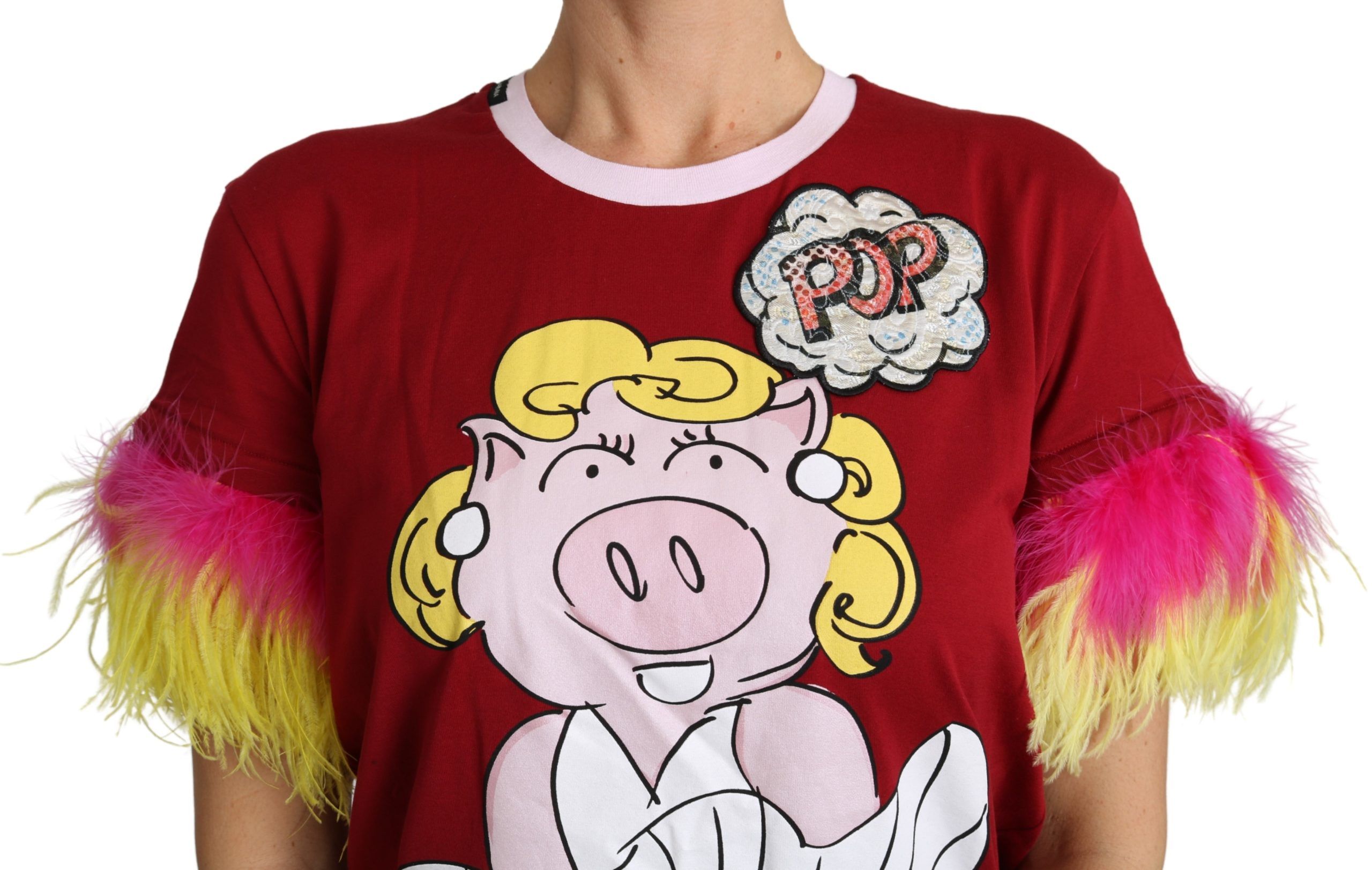 Dolce & Gabbana Red Pig Print Feather Sleeves T-shirt Top - Image 3