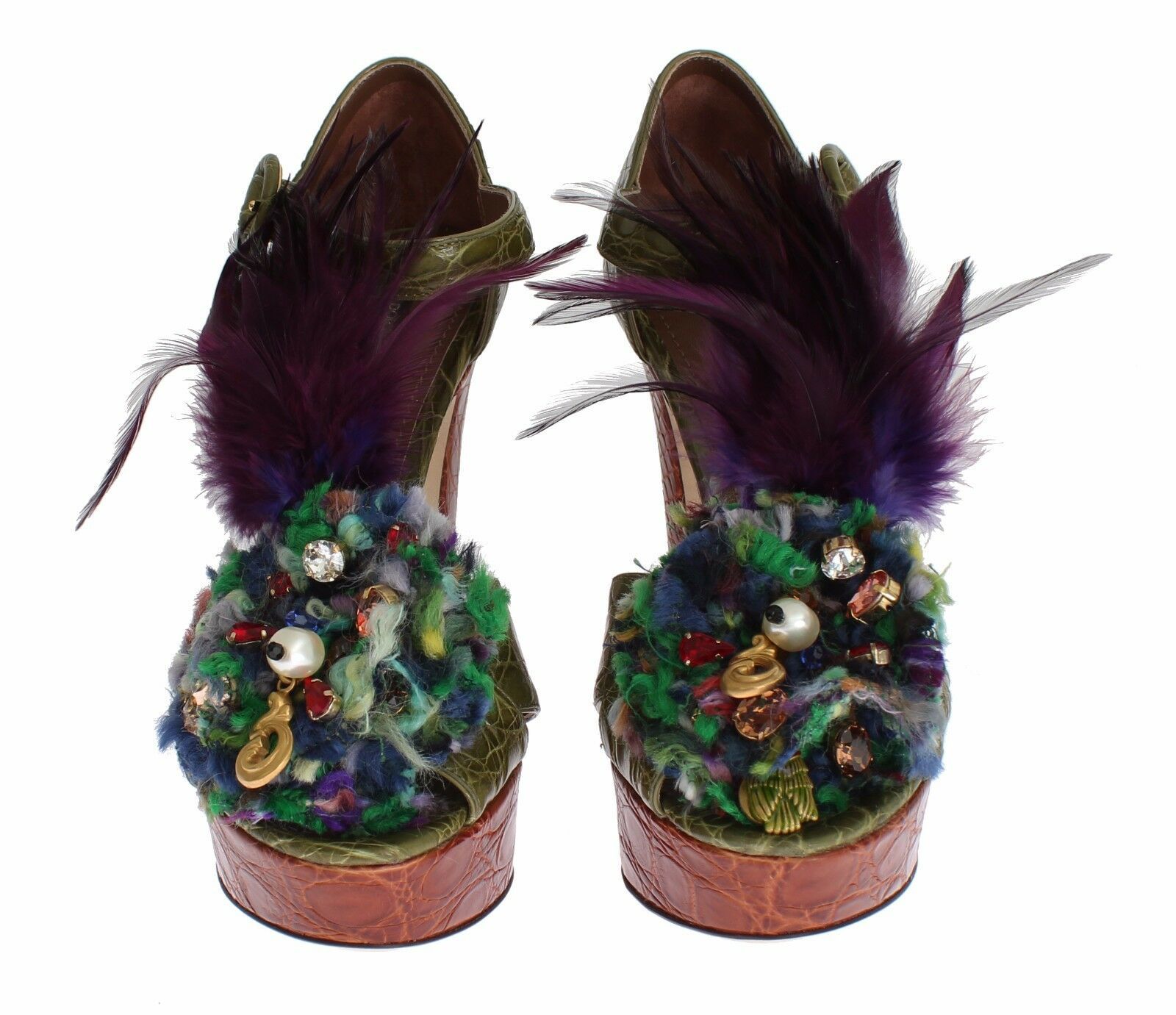 Dolce & Gabbana Green Leather Crystal Platform Sandal Shoes - Image 2