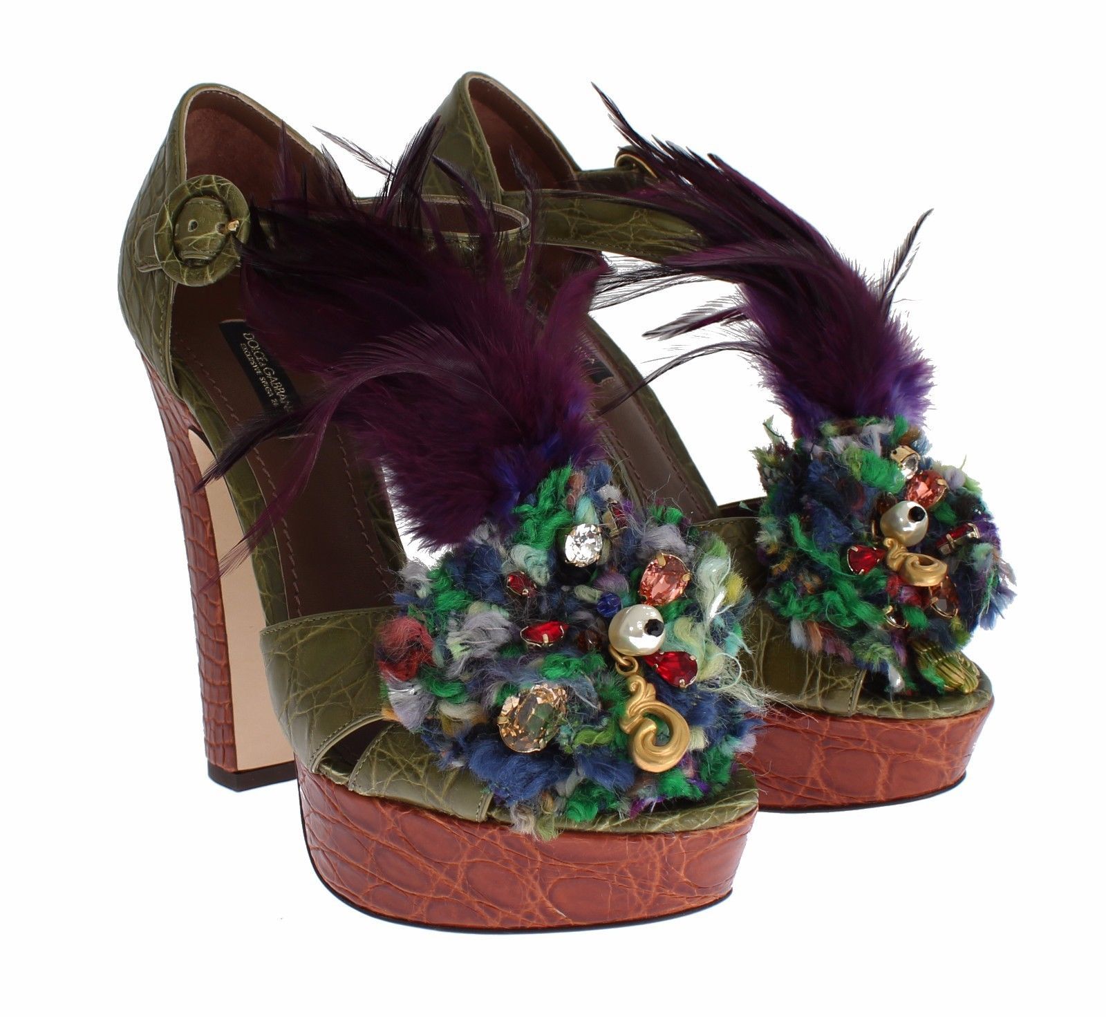 Dolce & Gabbana Green Leather Crystal Platform Sandal Shoes - Image 3