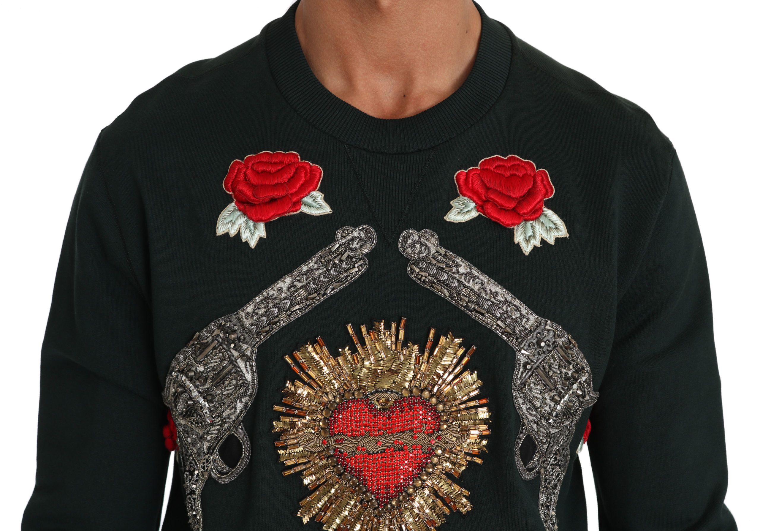 Dolce & Gabbana Green Crystal Heart Roses Gun Sweater - Image 3