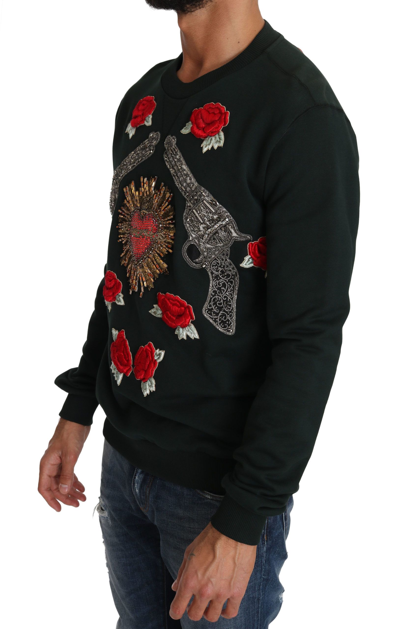 Dolce & Gabbana Green Crystal Heart Roses Gun Sweater - Image 4