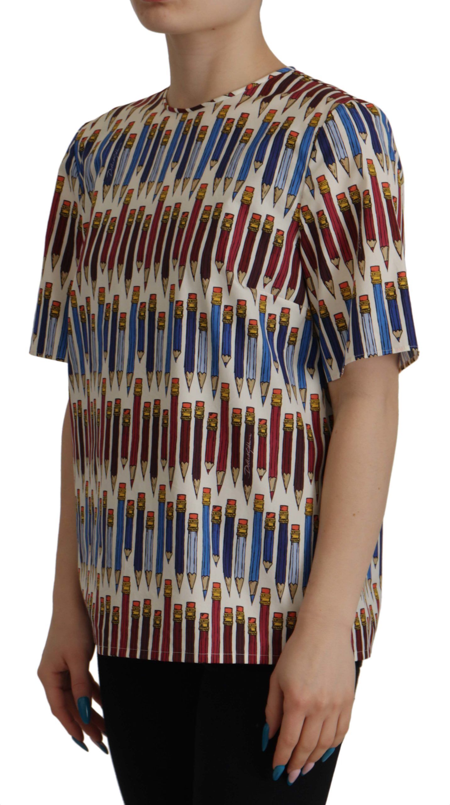 Dolce & Gabbana White Pencil Print Cotton T-shirt Blouse - Image 2