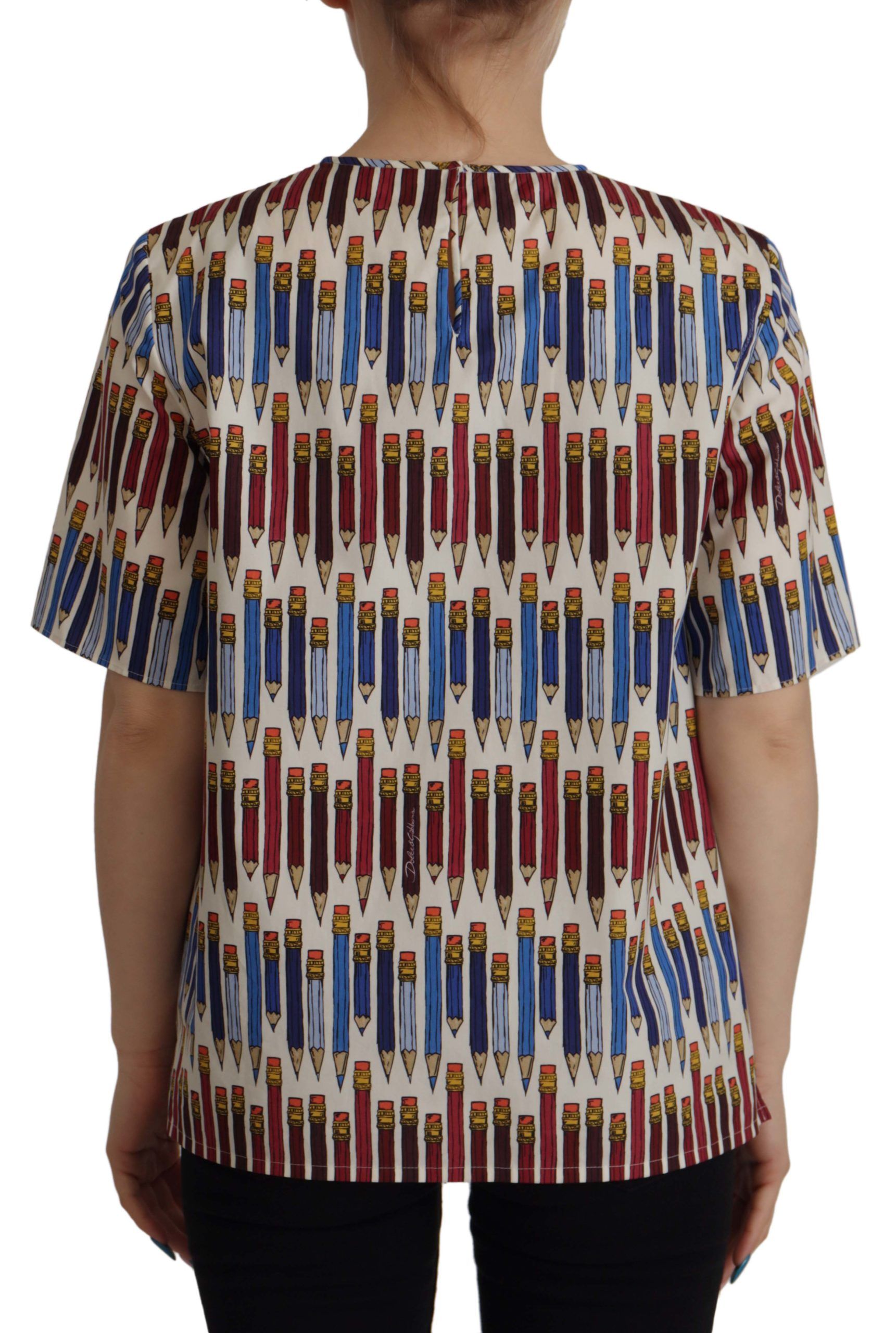 Dolce & Gabbana White Pencil Print Cotton T-shirt Blouse - Image 3