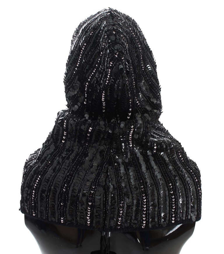 Dolce & Gabbana Black Knitted Sequin Hood Scarf Hat - Image 3