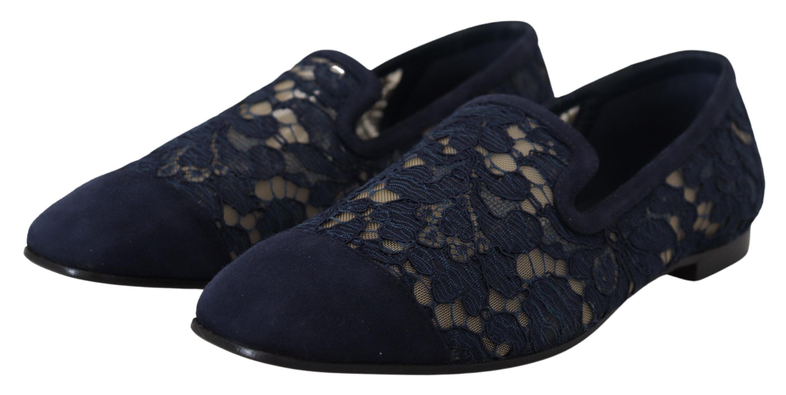 Dolce & Gabbana Blue Floral Lace Slip Ons Loafers Flats Shoes - Image 2