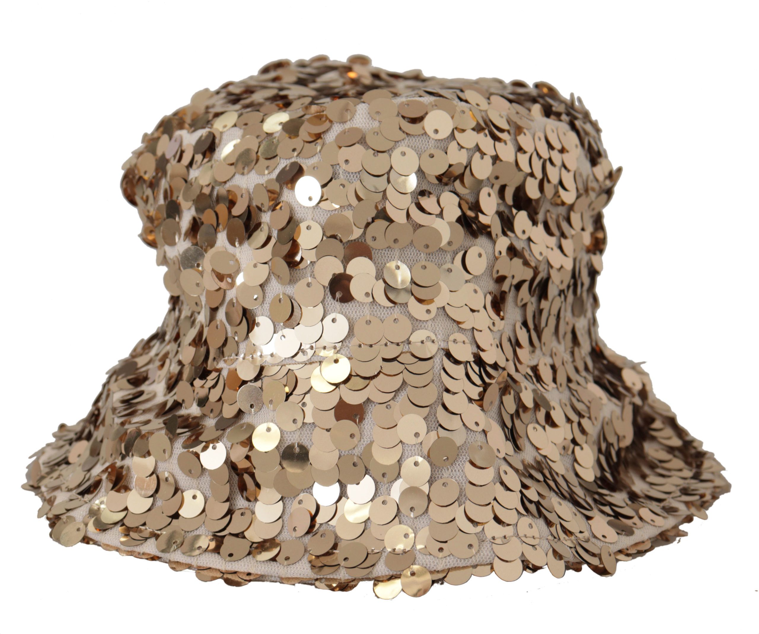 Dolce & Gabbana Gold Silk Sequin Embellished Designer Brim Bucket Hat - Image 2