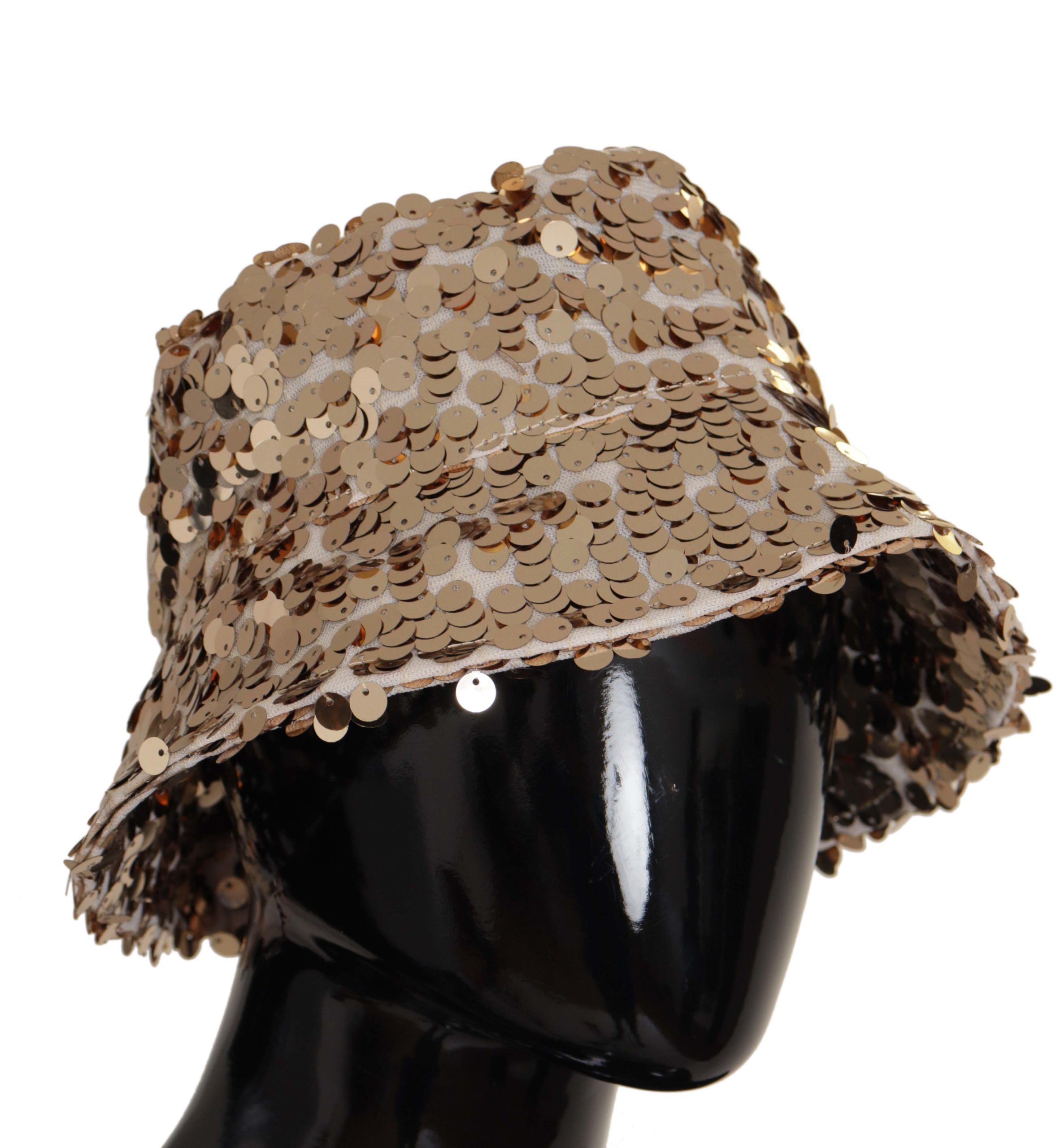 Dolce & Gabbana Gold Silk Sequin Embellished Designer Brim Bucket Hat - Image 4