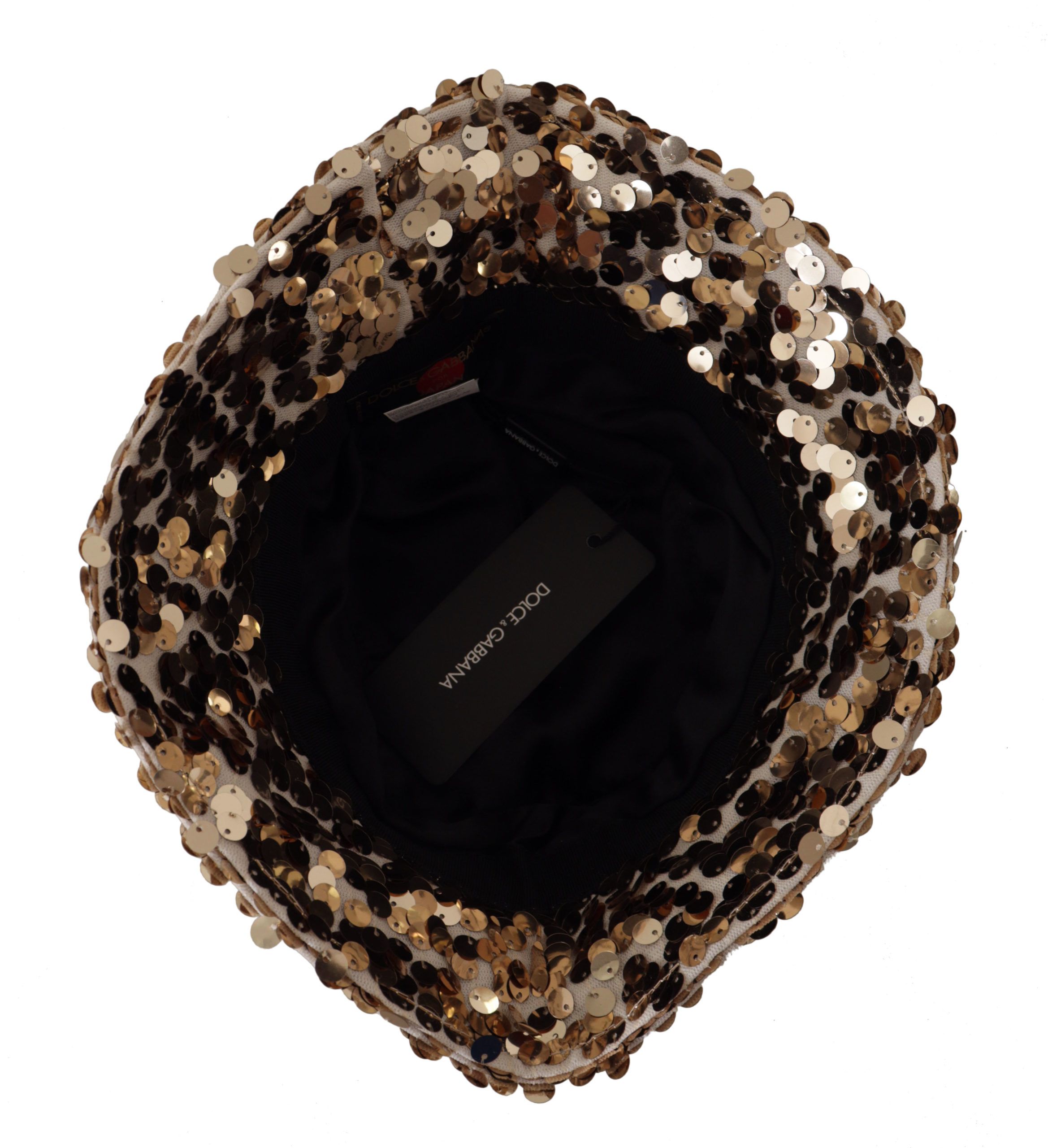 Dolce & Gabbana Gold Silk Sequin Embellished Designer Brim Bucket Hat - Image 5