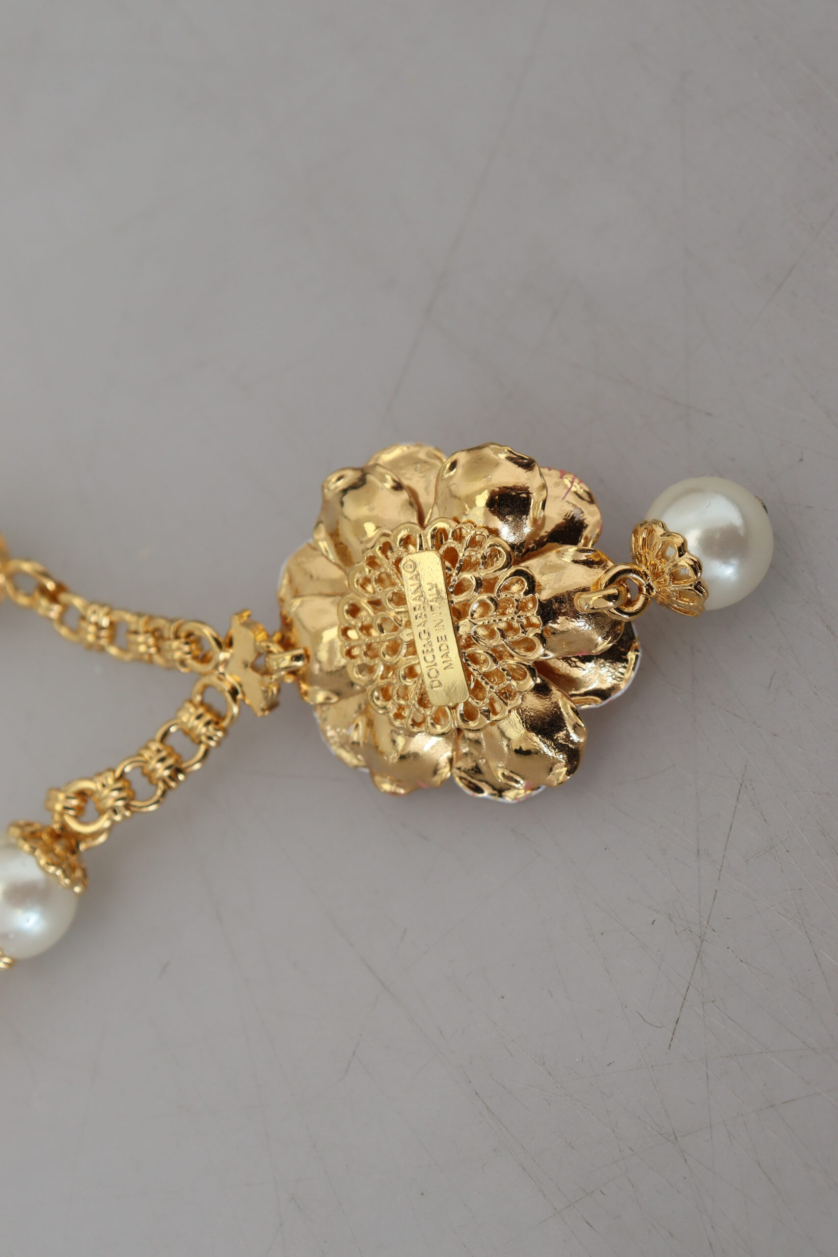 Dolce & Gabbana Gold Tone Floral Crystals Pink Embellished Necklace - Image 5