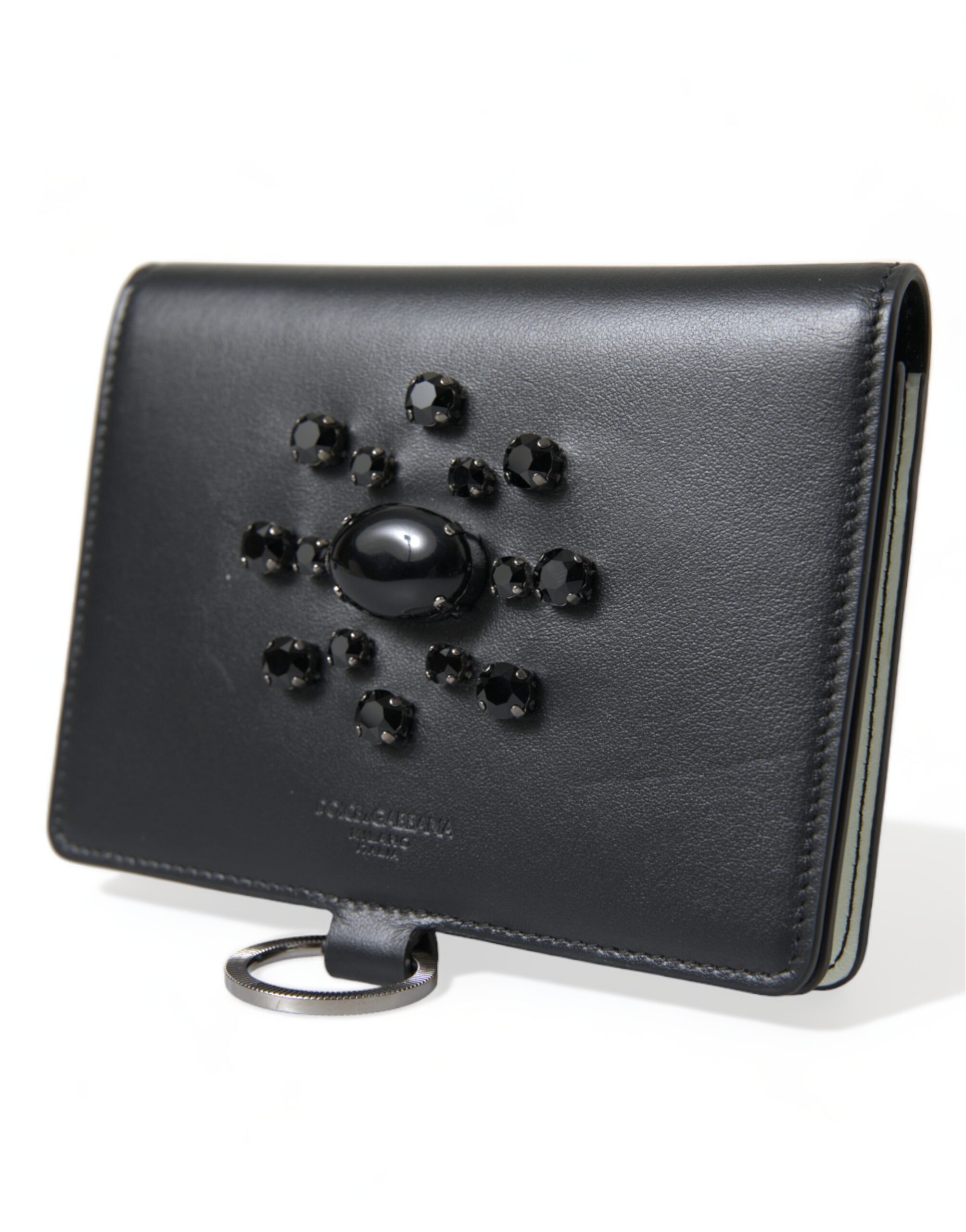 Dolce & Gabbana Black Leather Crystal Embellished Card Holder Wallet - Image 3