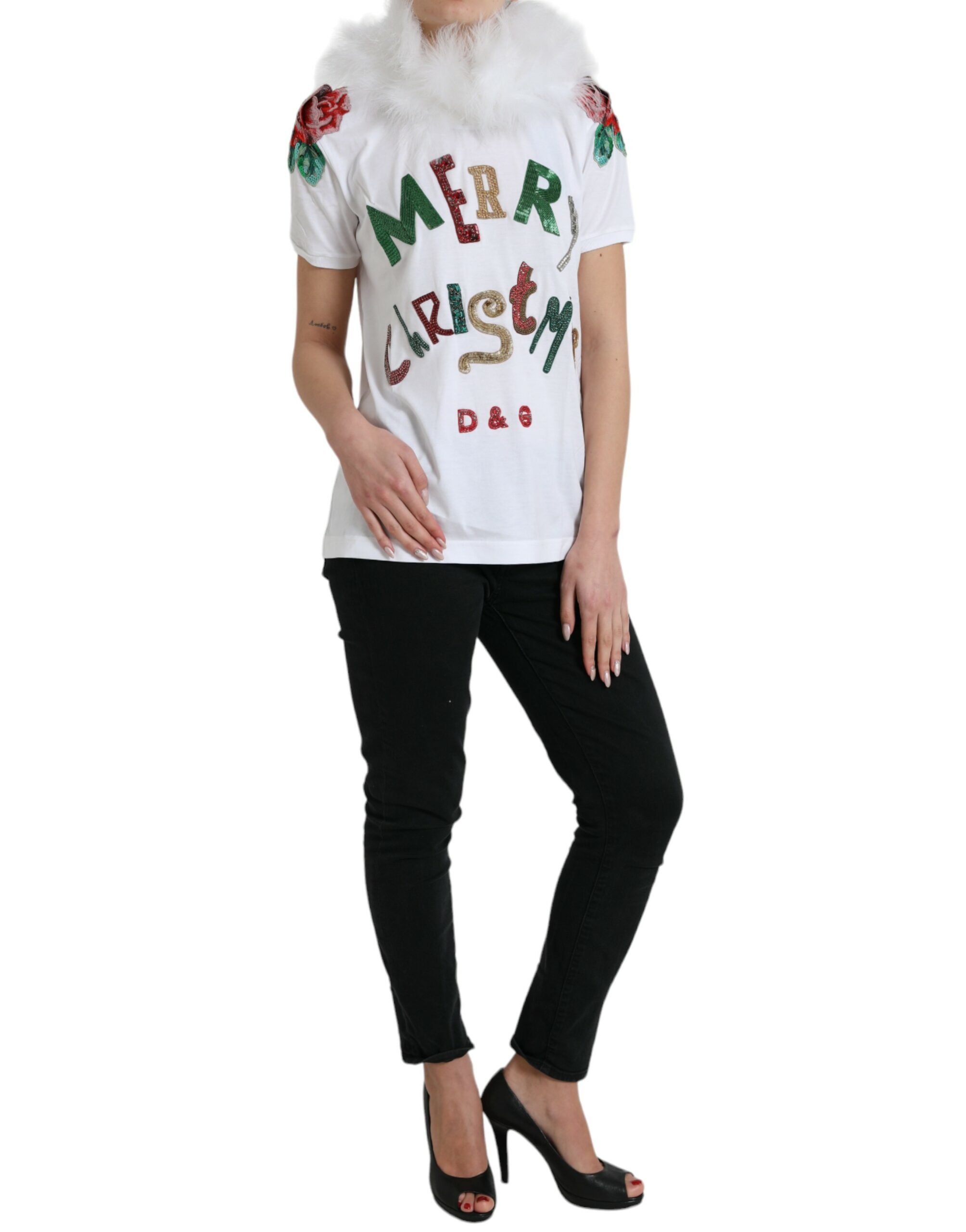 Dolce & Gabbana White Cotton Christmas Sequin Fur T-shirt - Image 2