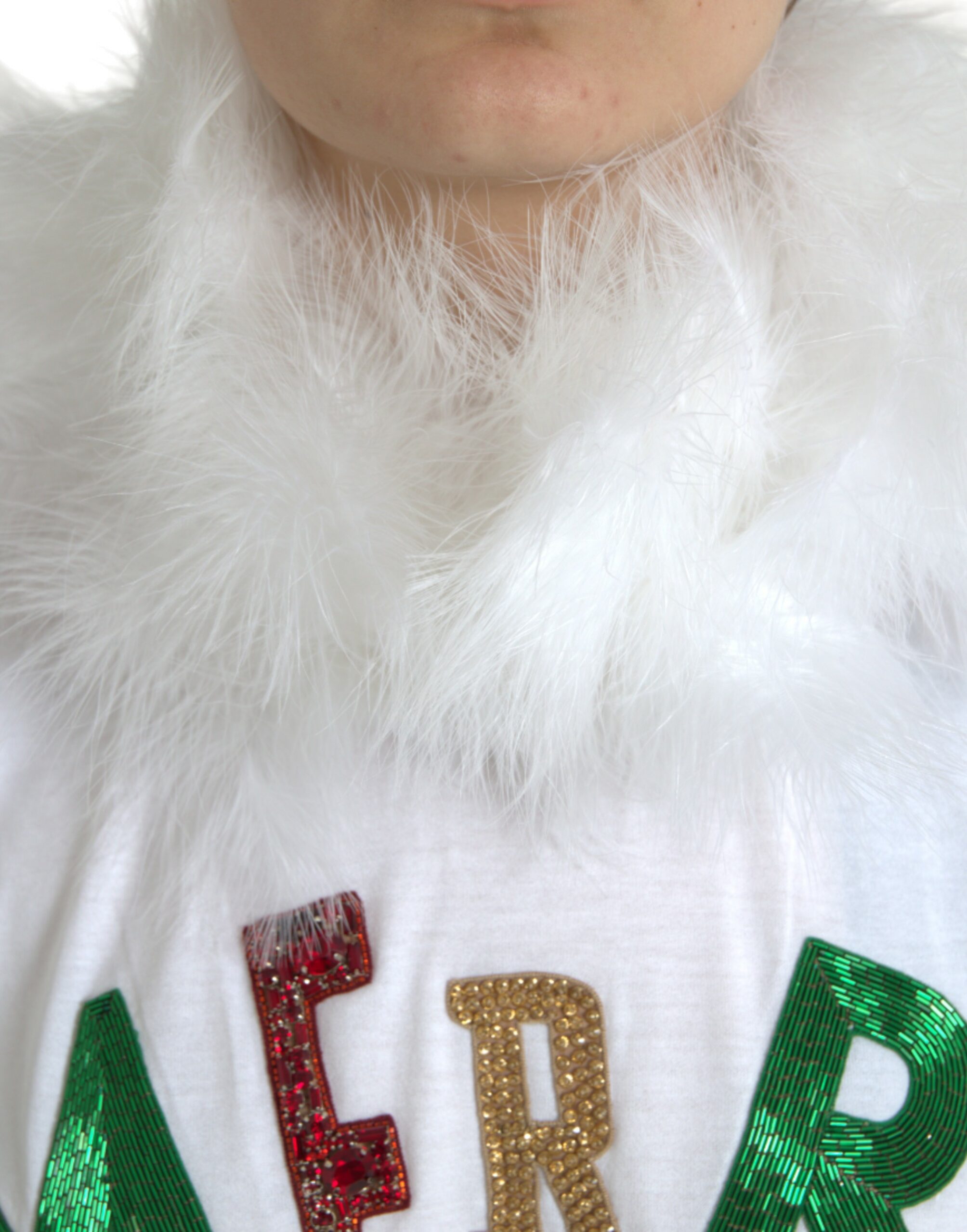 Dolce & Gabbana White Cotton Christmas Sequin Fur T-shirt - Image 4