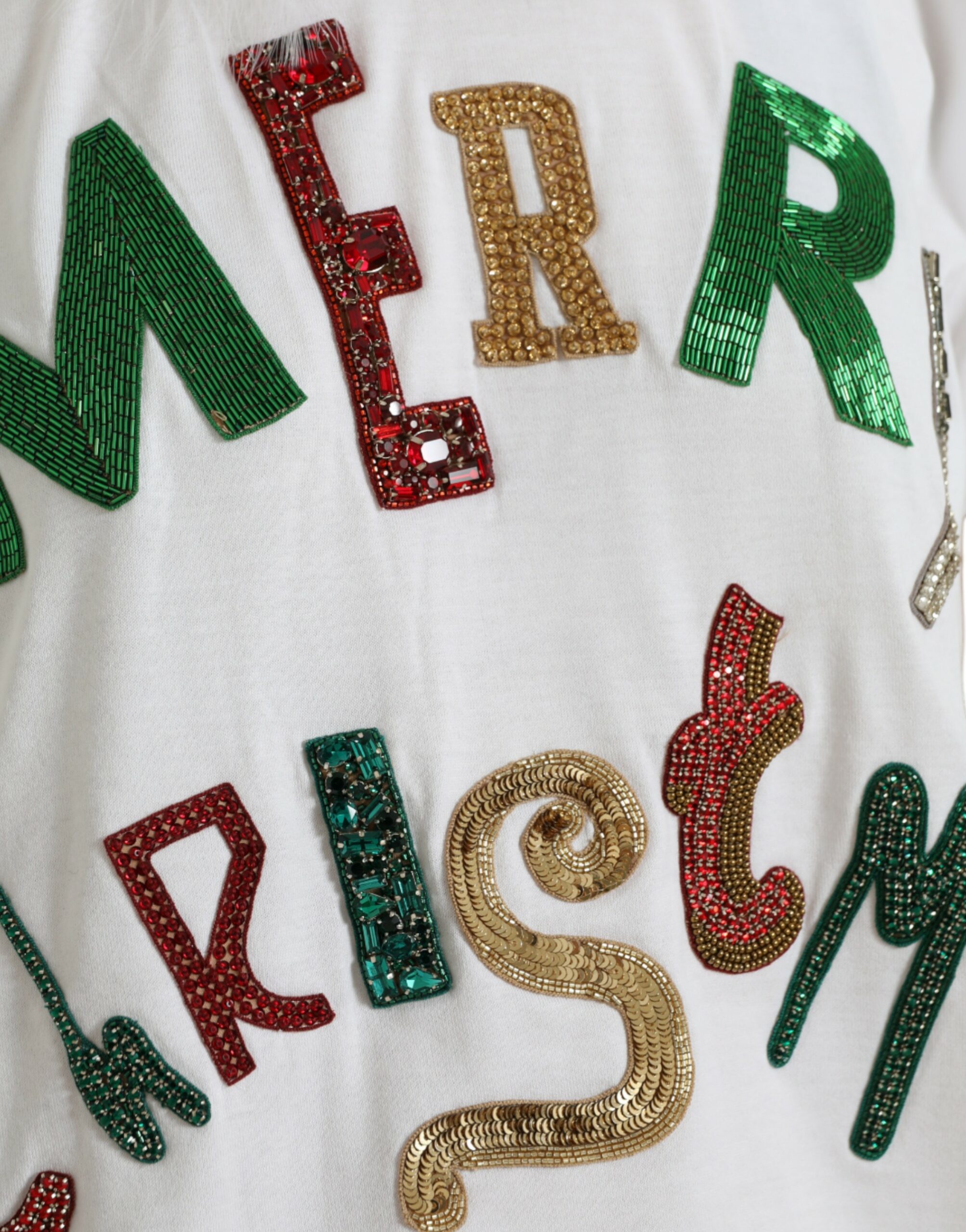 Dolce & Gabbana White Cotton Christmas Sequin Fur T-shirt - Image 5