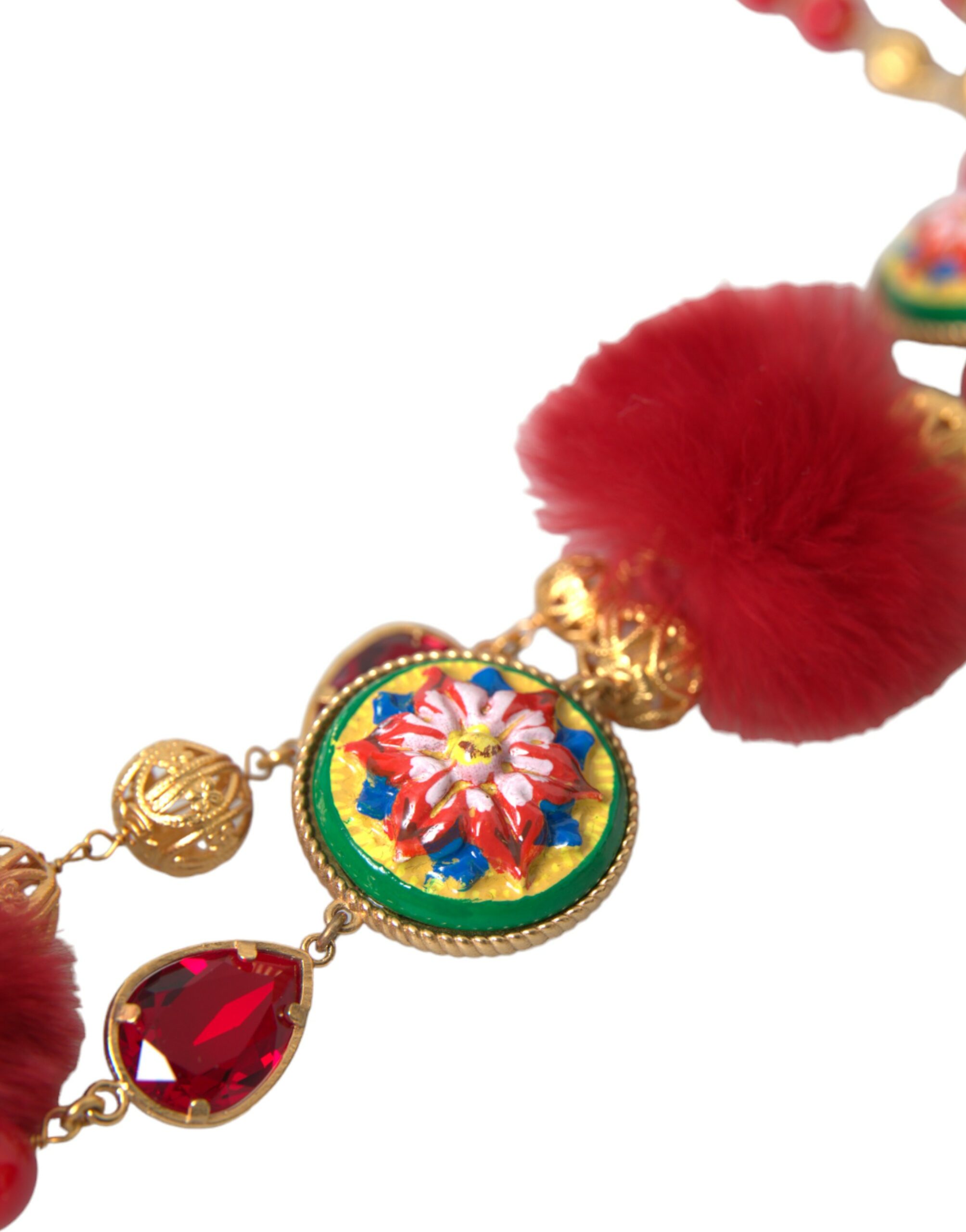 Dolce & Gabbana Gold Brass Red Fur Crystal Carretto Chain Necklace - Image 4