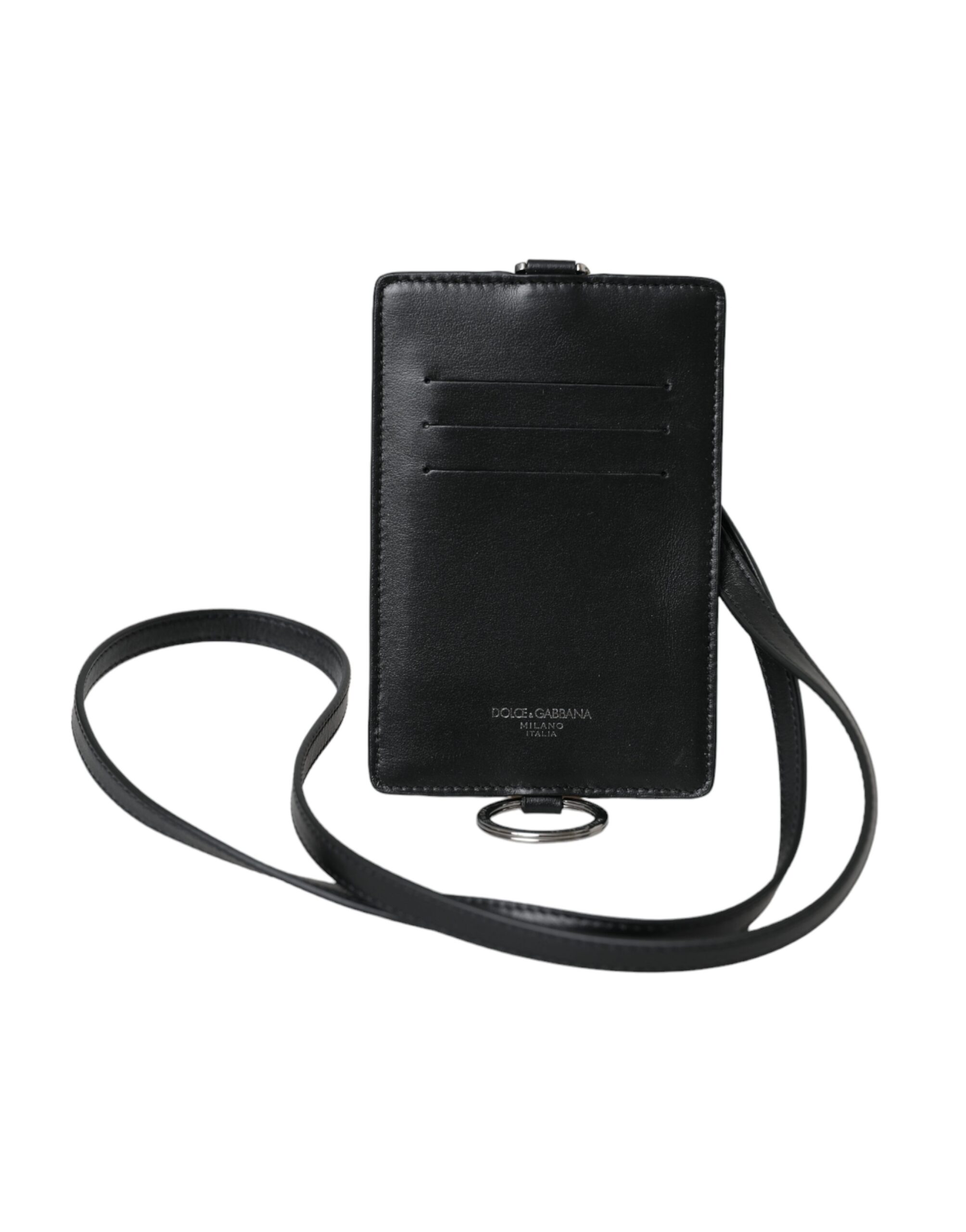 Dolce & Gabbana Black Calf Leather Lanyard Logo Card Holder Men Wallet - Image 2