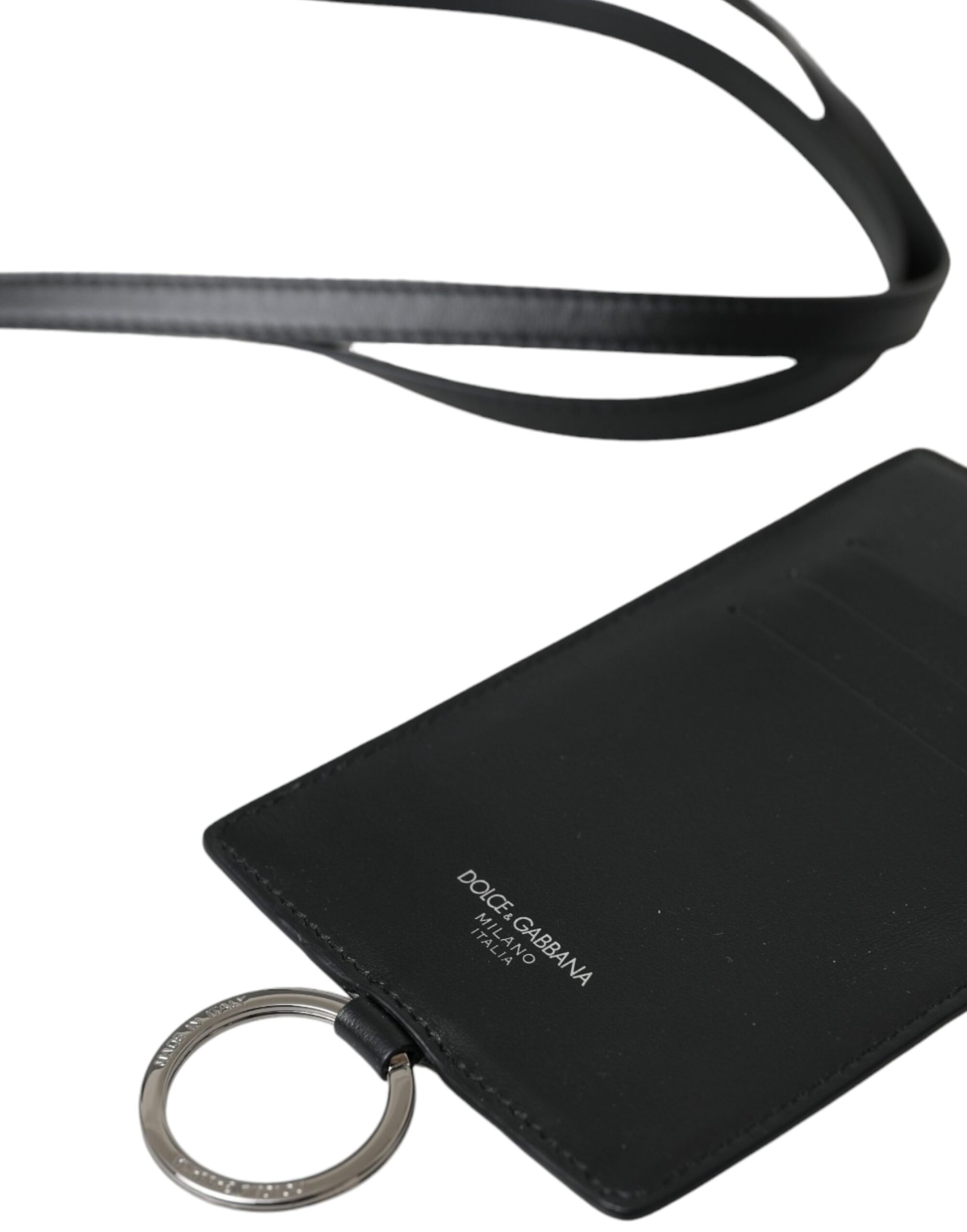 Dolce & Gabbana Black Calf Leather Lanyard Logo Card Holder Men Wallet - Image 4