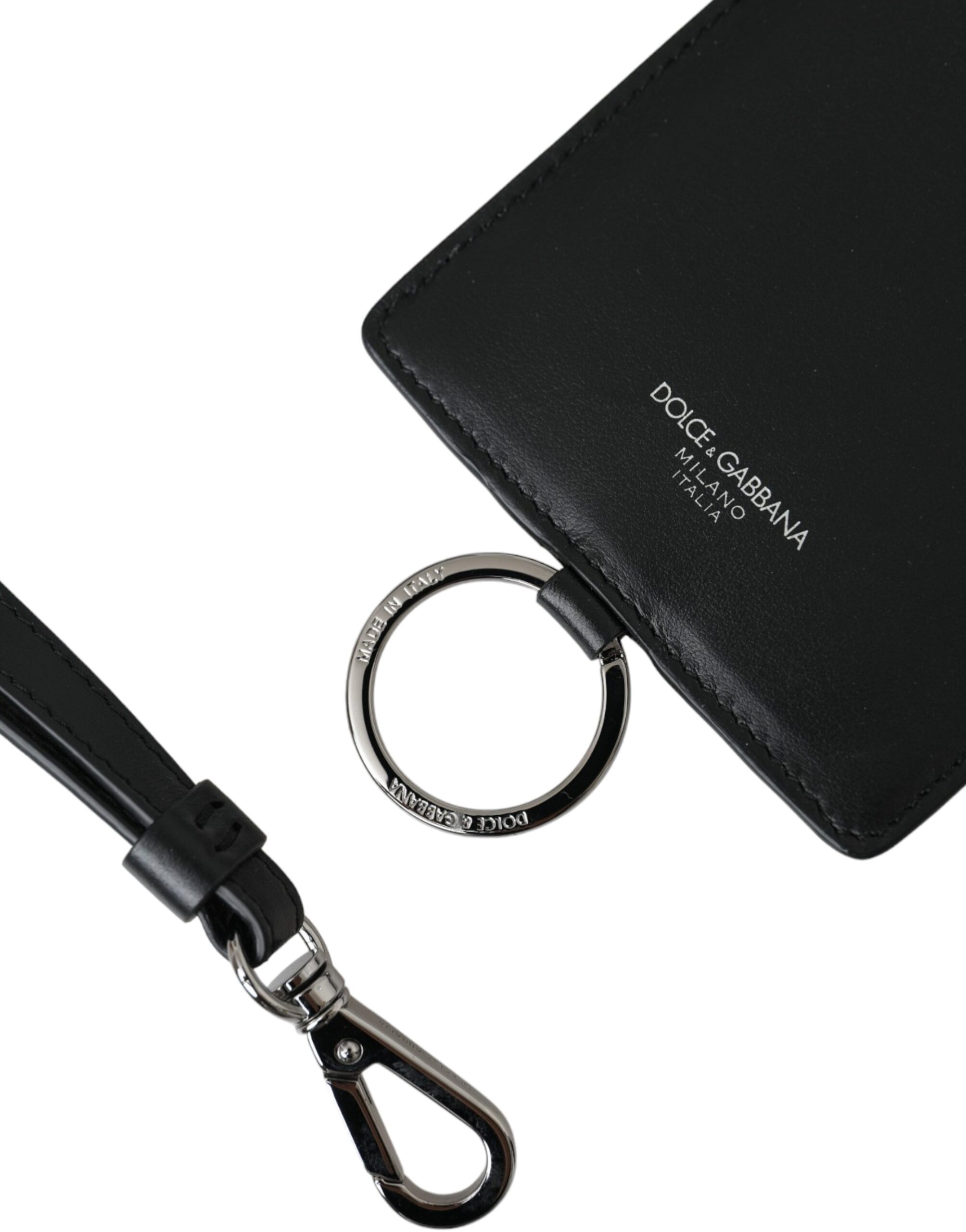 Dolce & Gabbana Black Calf Leather Lanyard Logo Card Holder Men Wallet - Image 6