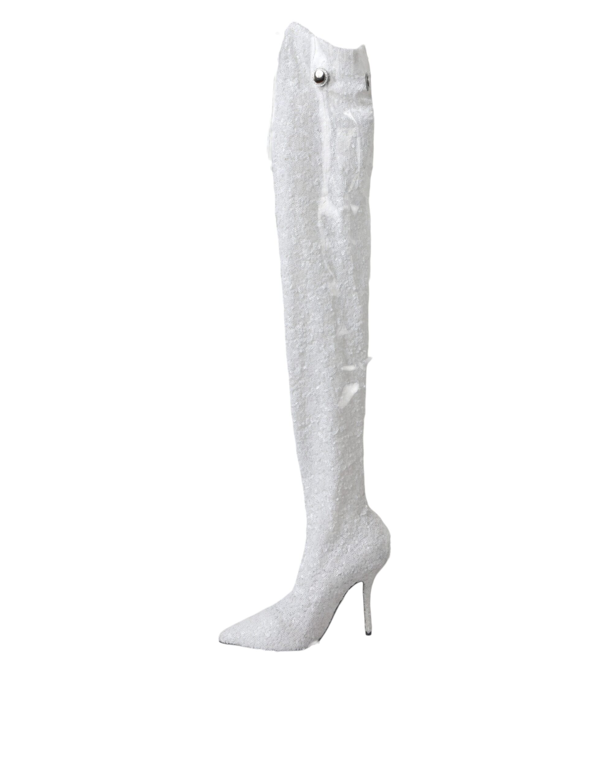 Dolce & Gabbana White Heels Stiletto Knee High Boots Shoes - Image 5