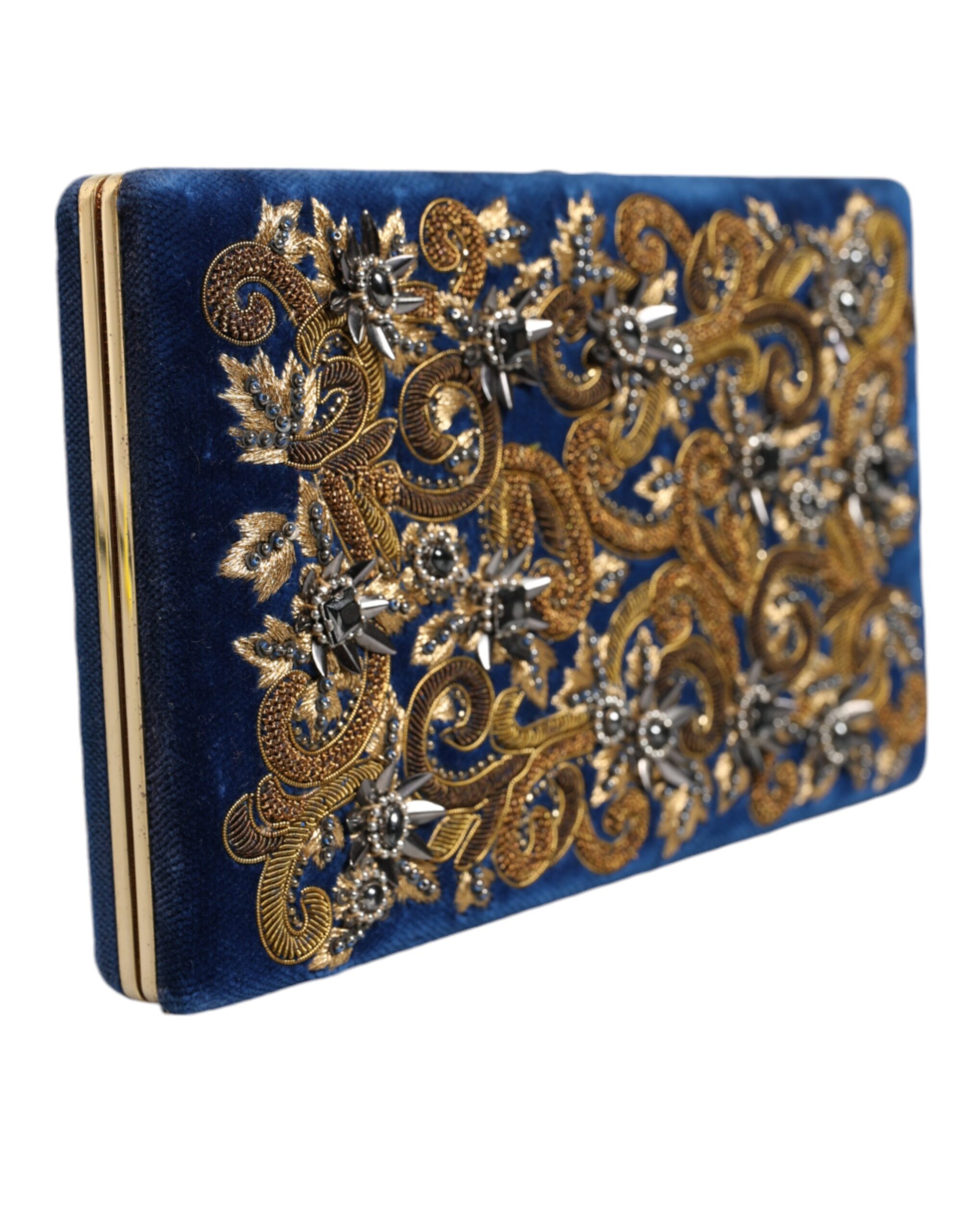 Dolce & Gabbana Blue Velvet Gold Frame Clutch Evening Party Purse Bag - Image 2
