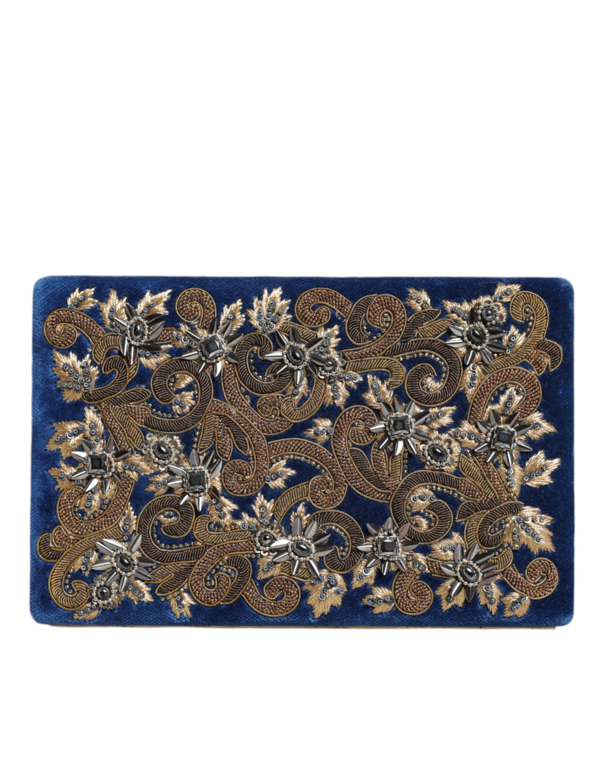 Dolce & Gabbana Blue Velvet Gold Frame Clutch Evening Party Purse Bag - Image 3