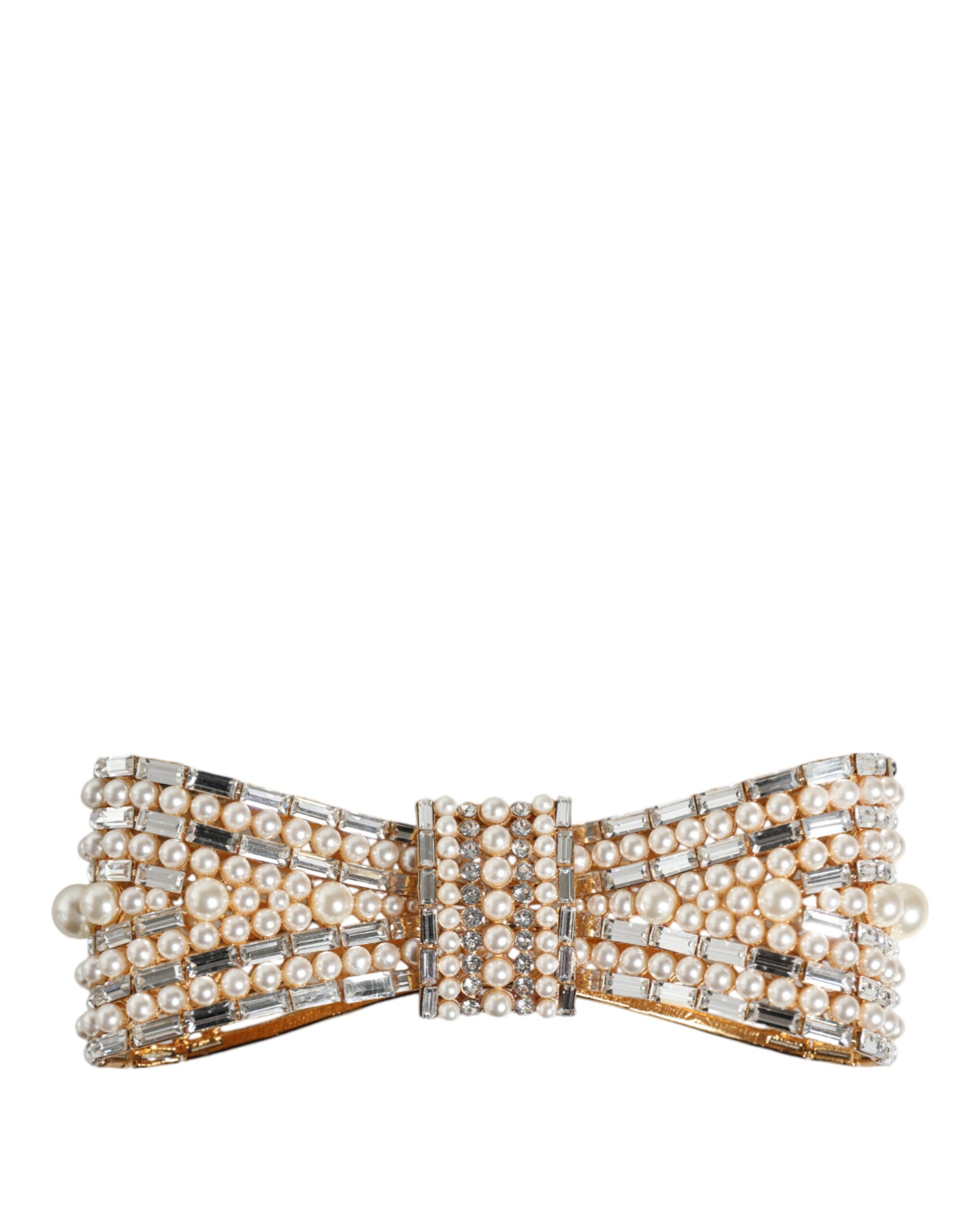 Dolce & Gabbana Gold Tone Brass Bow Crystal FauxPearl Embellished Brooch - Image 2