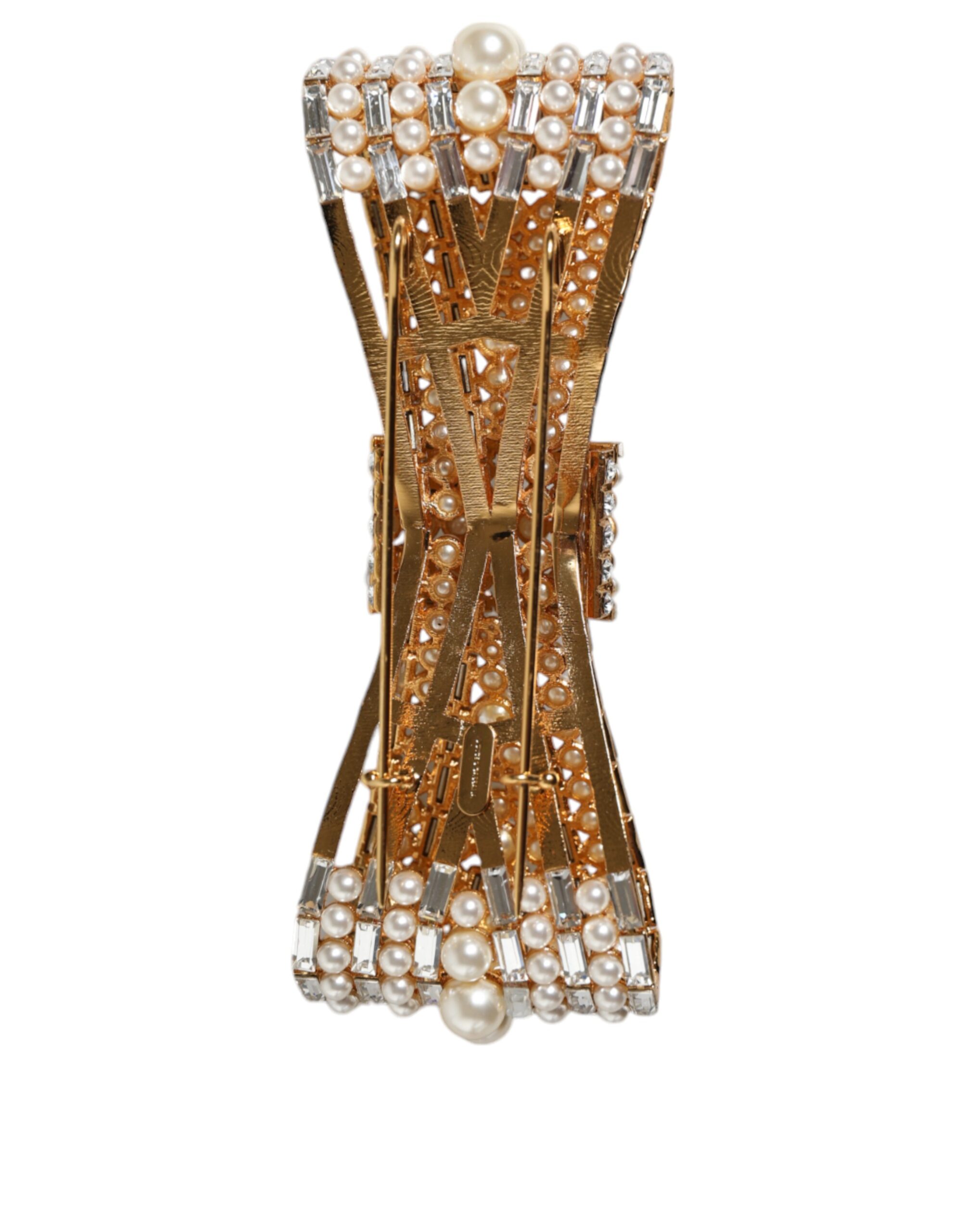 Dolce & Gabbana Gold Tone Brass Bow Crystal FauxPearl Embellished Brooch - Image 3