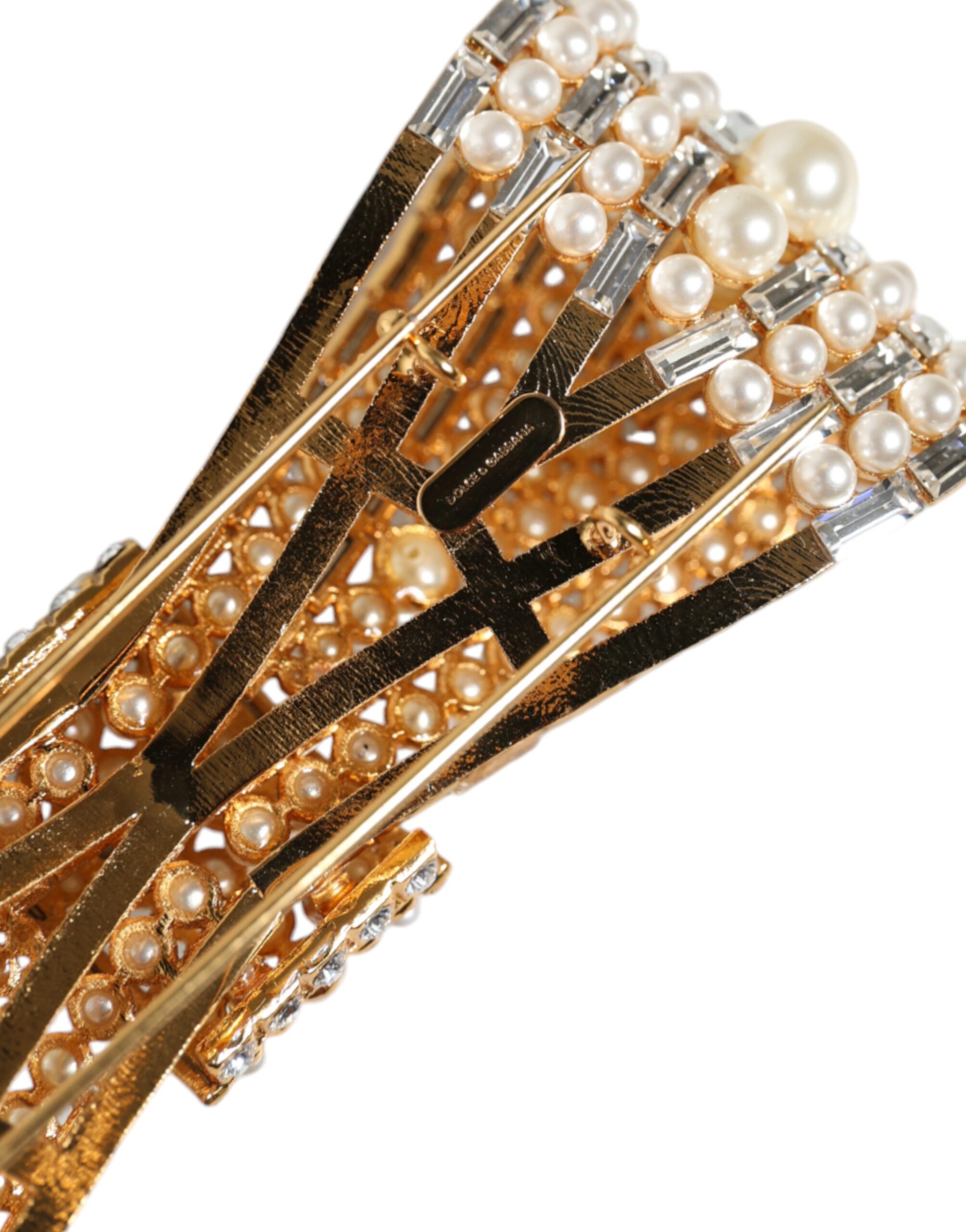 Dolce & Gabbana Gold Tone Brass Bow Crystal FauxPearl Embellished Brooch - Image 5
