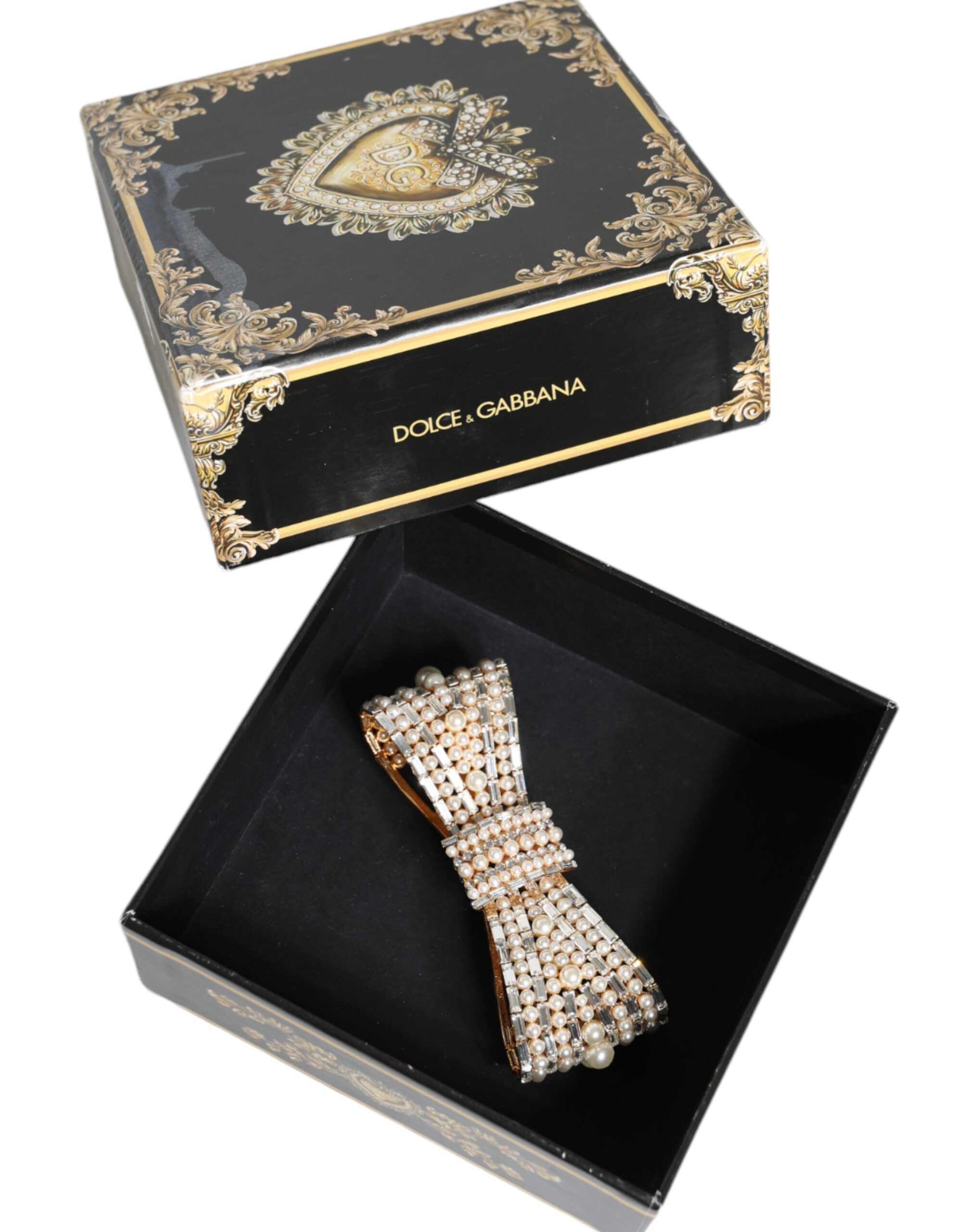 Dolce & Gabbana Gold Tone Brass Bow Crystal FauxPearl Embellished Brooch - Image 7