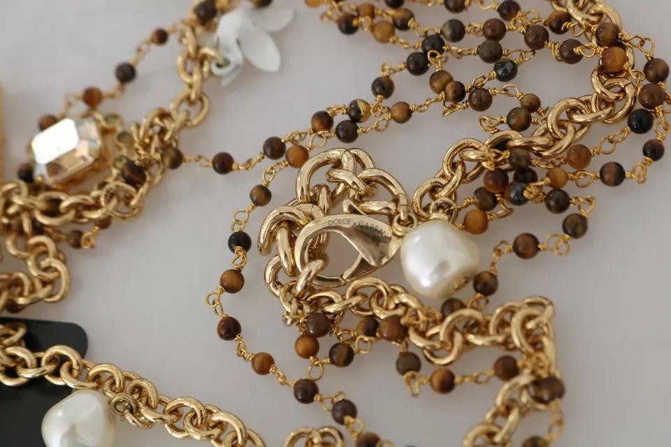Dolce & Gabbana Gold Brass Crystal Floral Statement Charms Necklace - Image 6