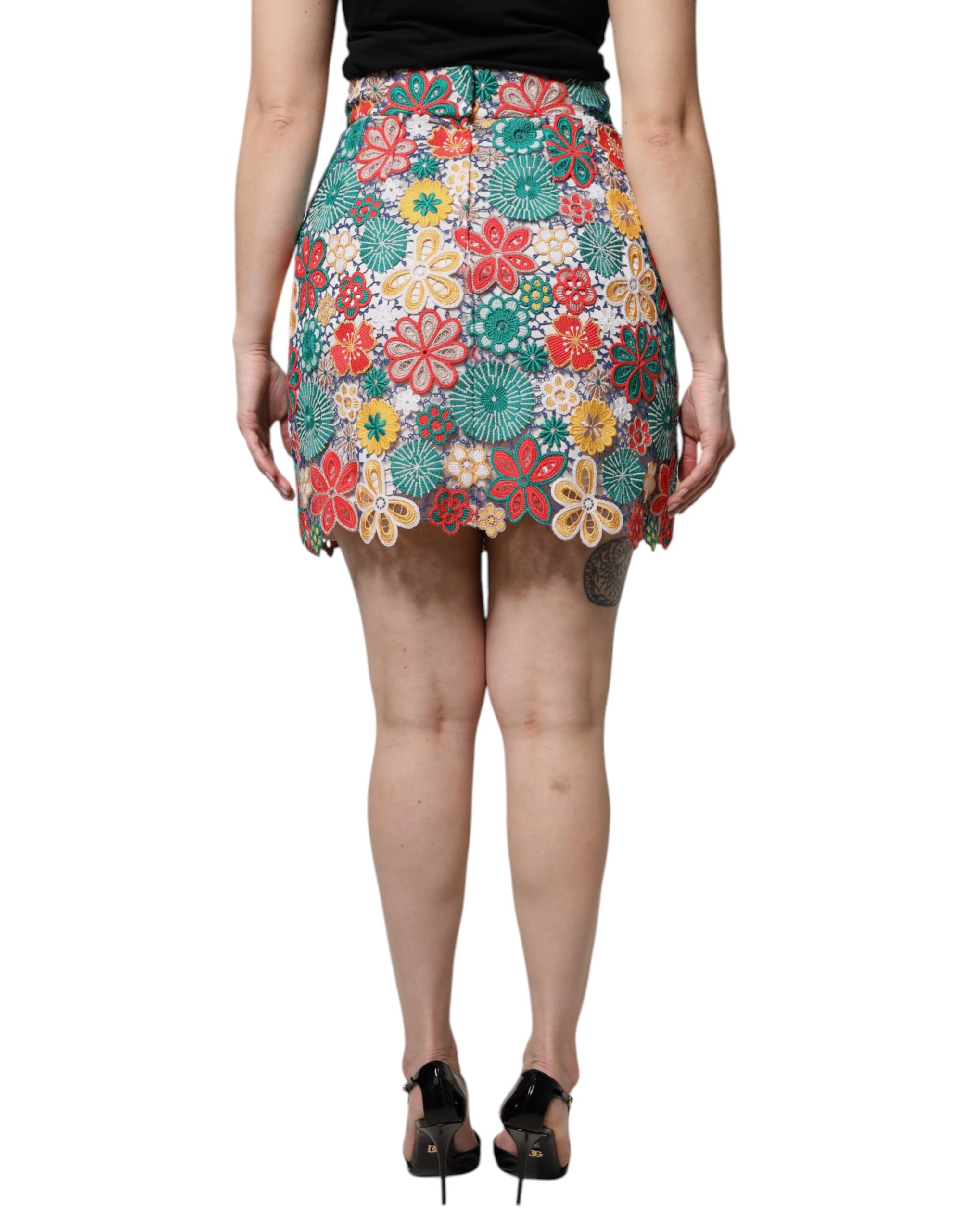 Dolce & Gabbana Multicolor Floral Lace High Waist Mini Skirt - Image 4