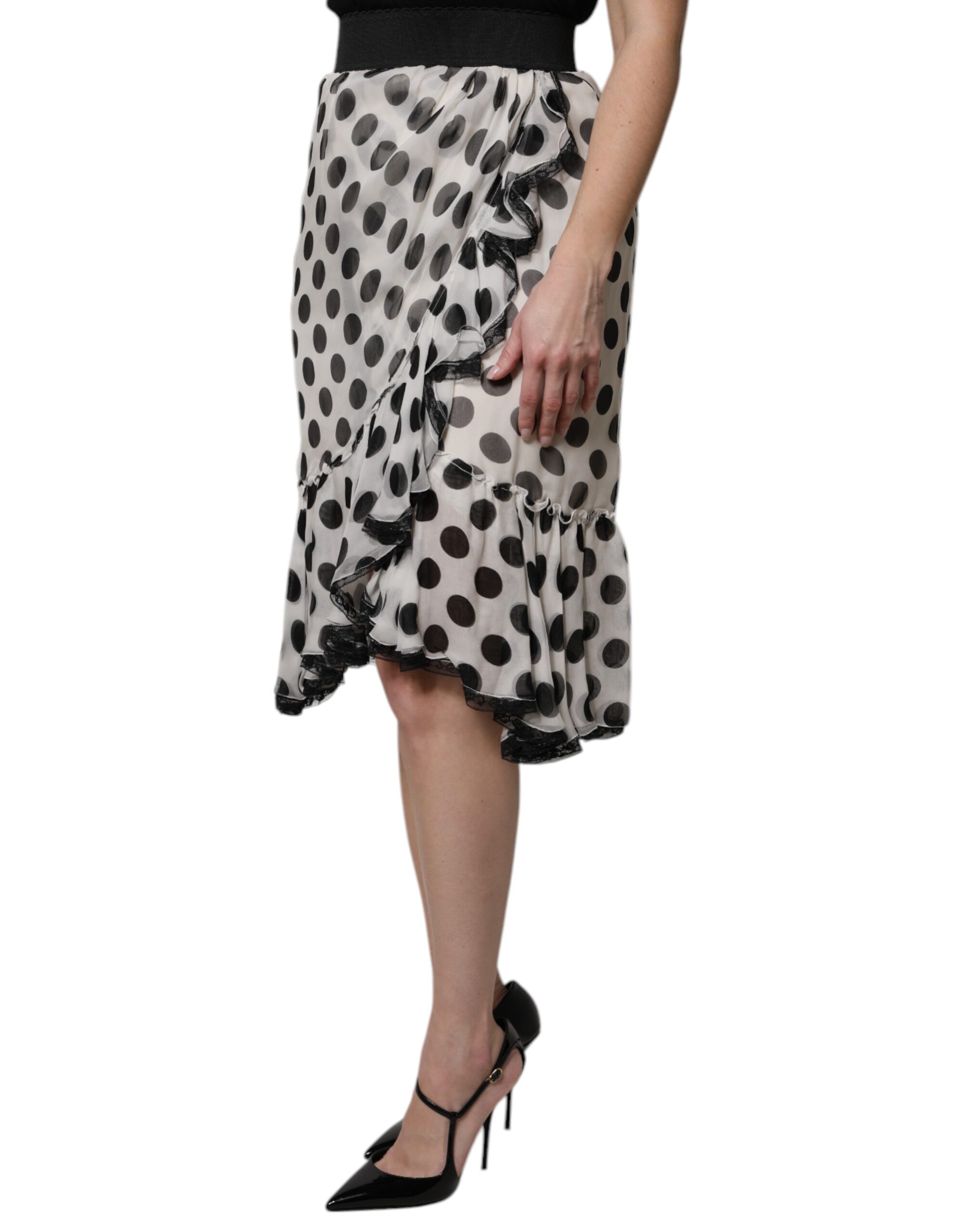 Dolce & Gabbana White Black Polka Dots Knee Length Skirt - Image 3
