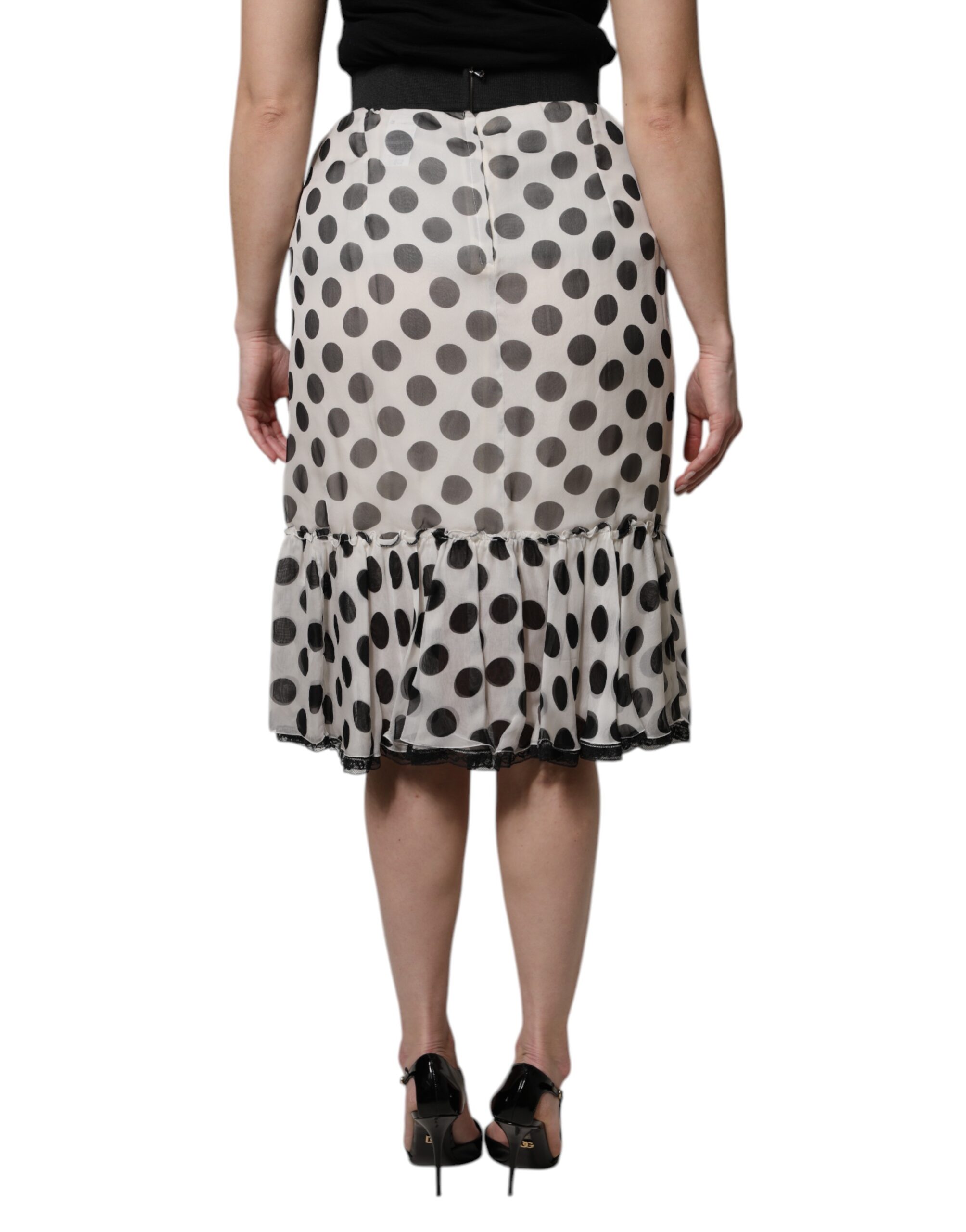 Dolce & Gabbana White Black Polka Dots Knee Length Skirt - Image 4