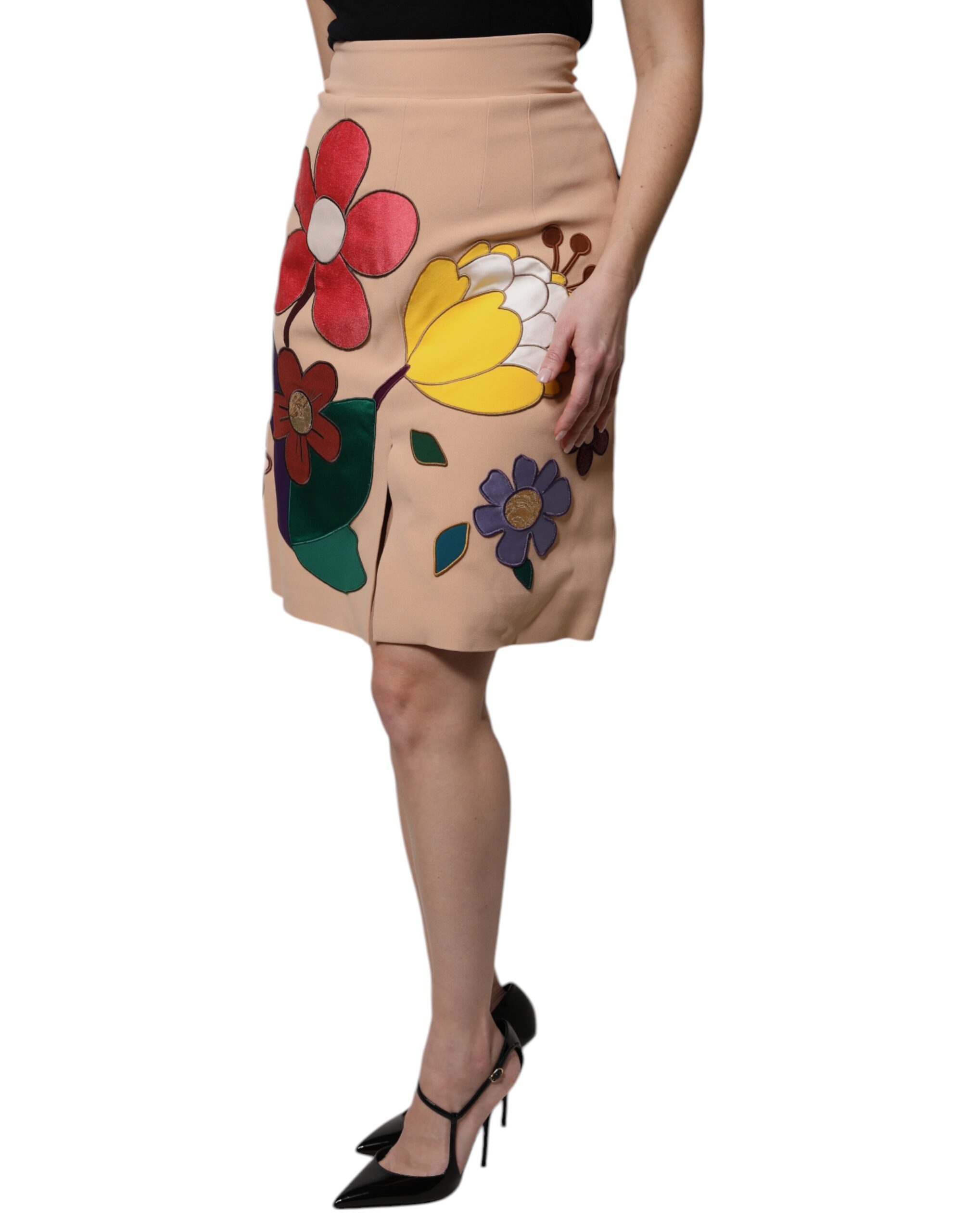 Dolce & Gabbana Beige Floral High Waist Pencil Cut Skirt - Image 3