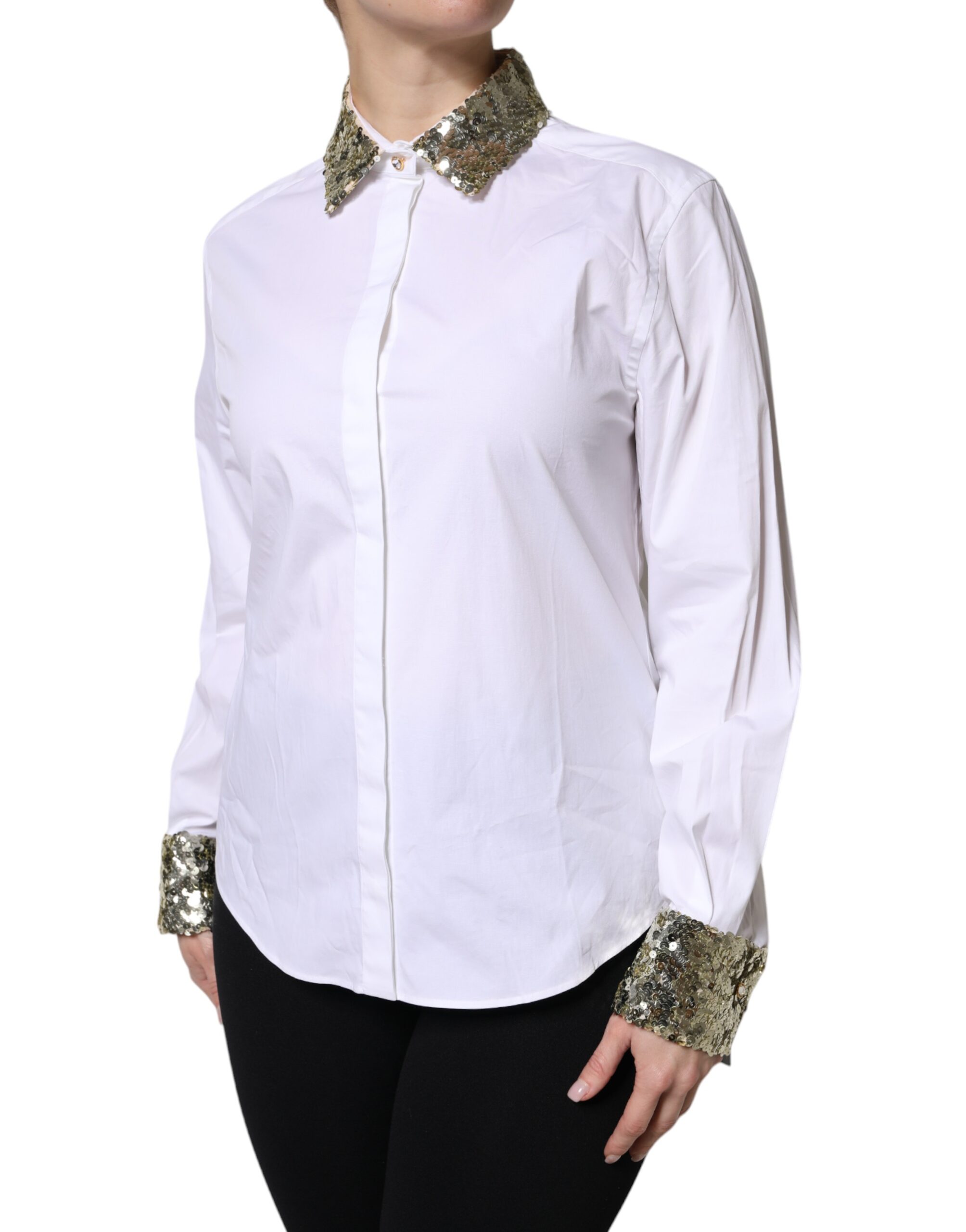 Dolce & Gabbana White Cotton Long Sleeves Sequin Shirt Top - Image 3
