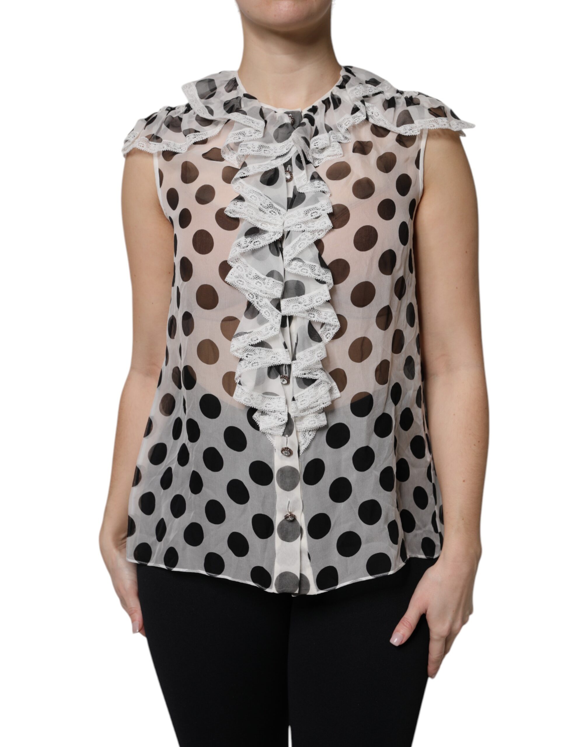 Dolce & Gabbana White Black Polka Dot Cotton Sleeveless Top - Image 2