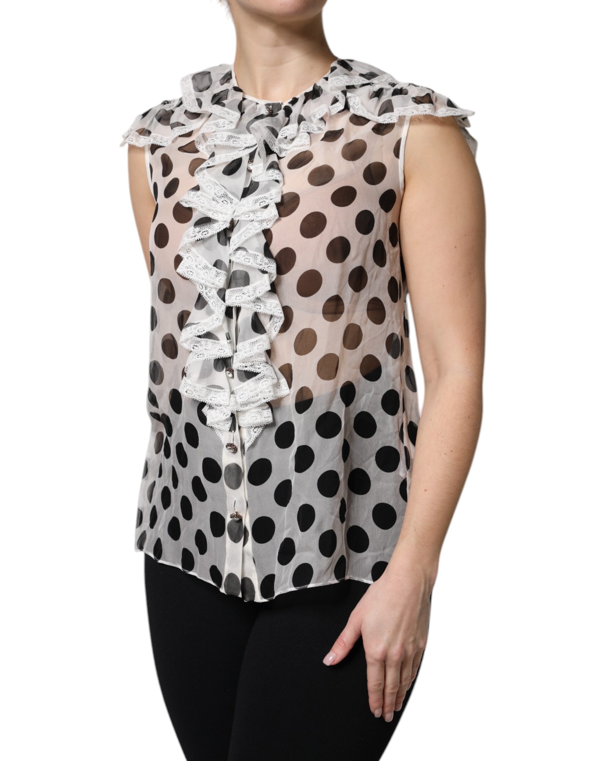 Dolce & Gabbana White Black Polka Dot Cotton Sleeveless Top - Image 3