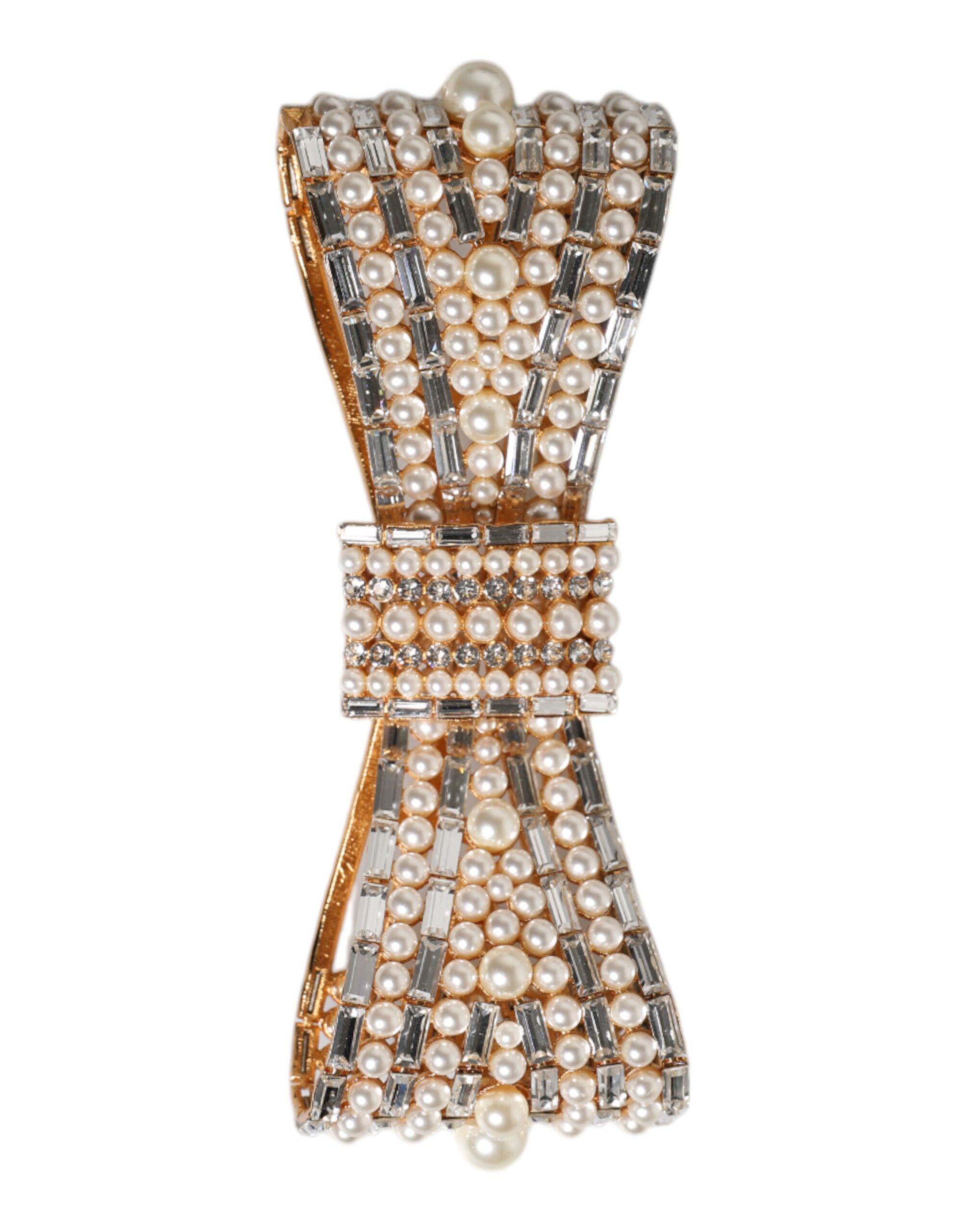 Dolce & Gabbana Gold Tone Brass Bow Crystal FauxPearl Embellished Brooch - Image 2