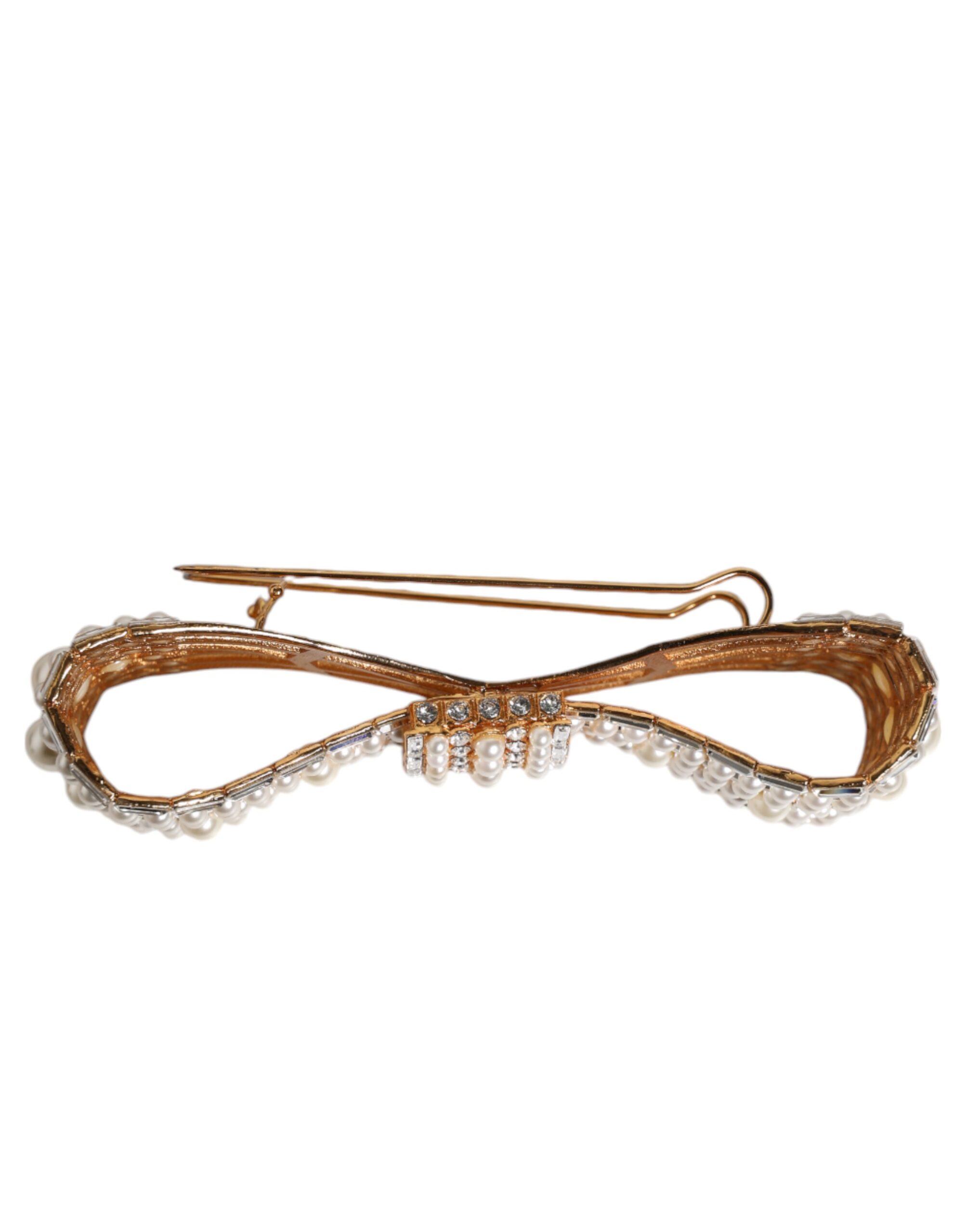 Dolce & Gabbana Gold Tone Brass Bow Crystal FauxPearl Embellished Brooch - Image 4