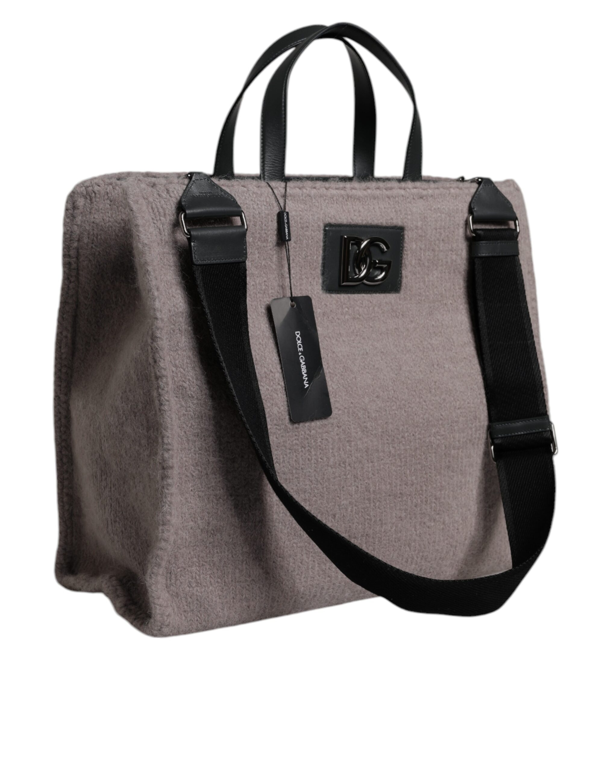 Dolce & Gabbana Grey Alpaca Wool Logo Plaque Tote Shoulder Bag - Image 3