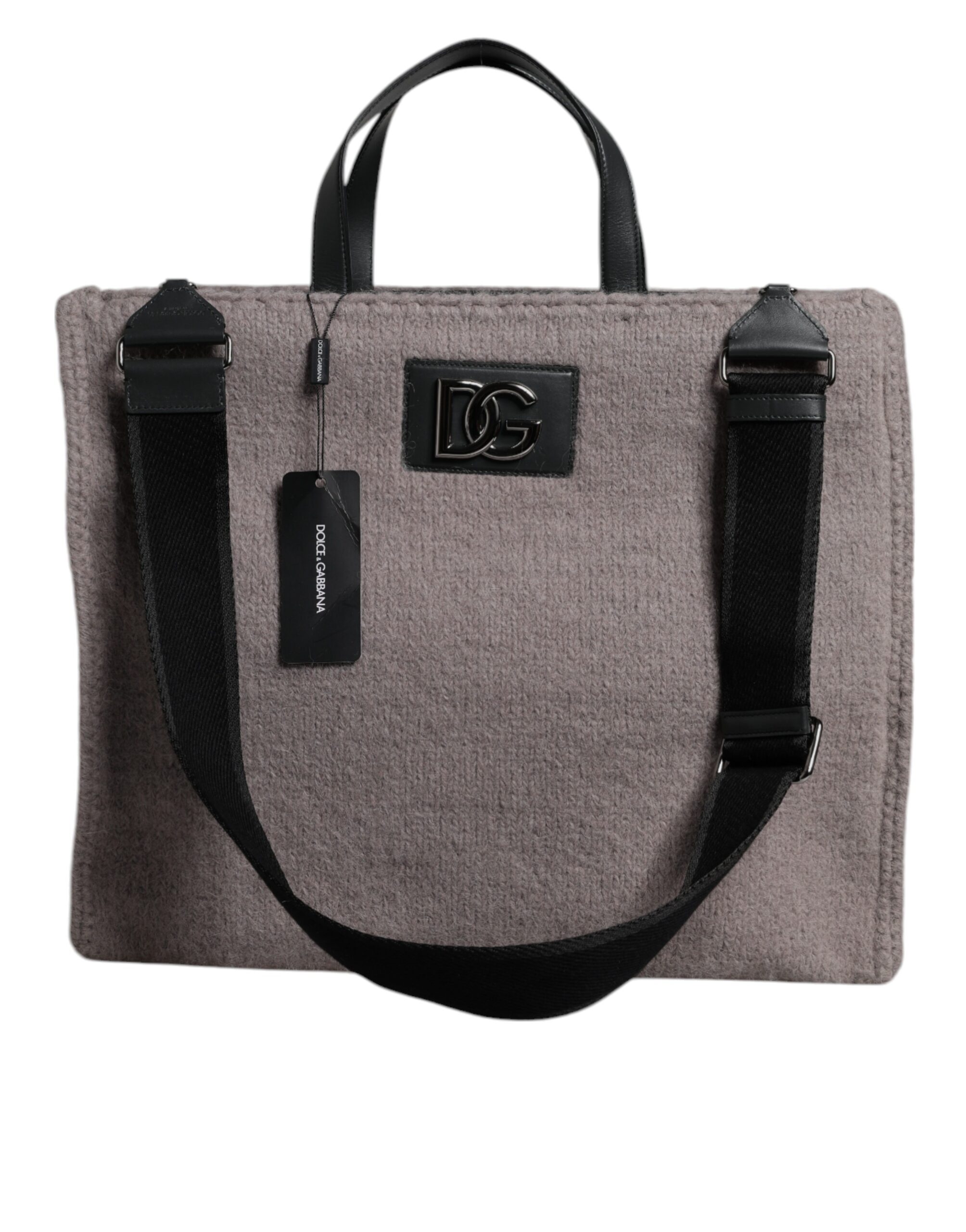 Dolce & Gabbana Grey Alpaca Wool Logo Plaque Tote Shoulder Bag - Image 4
