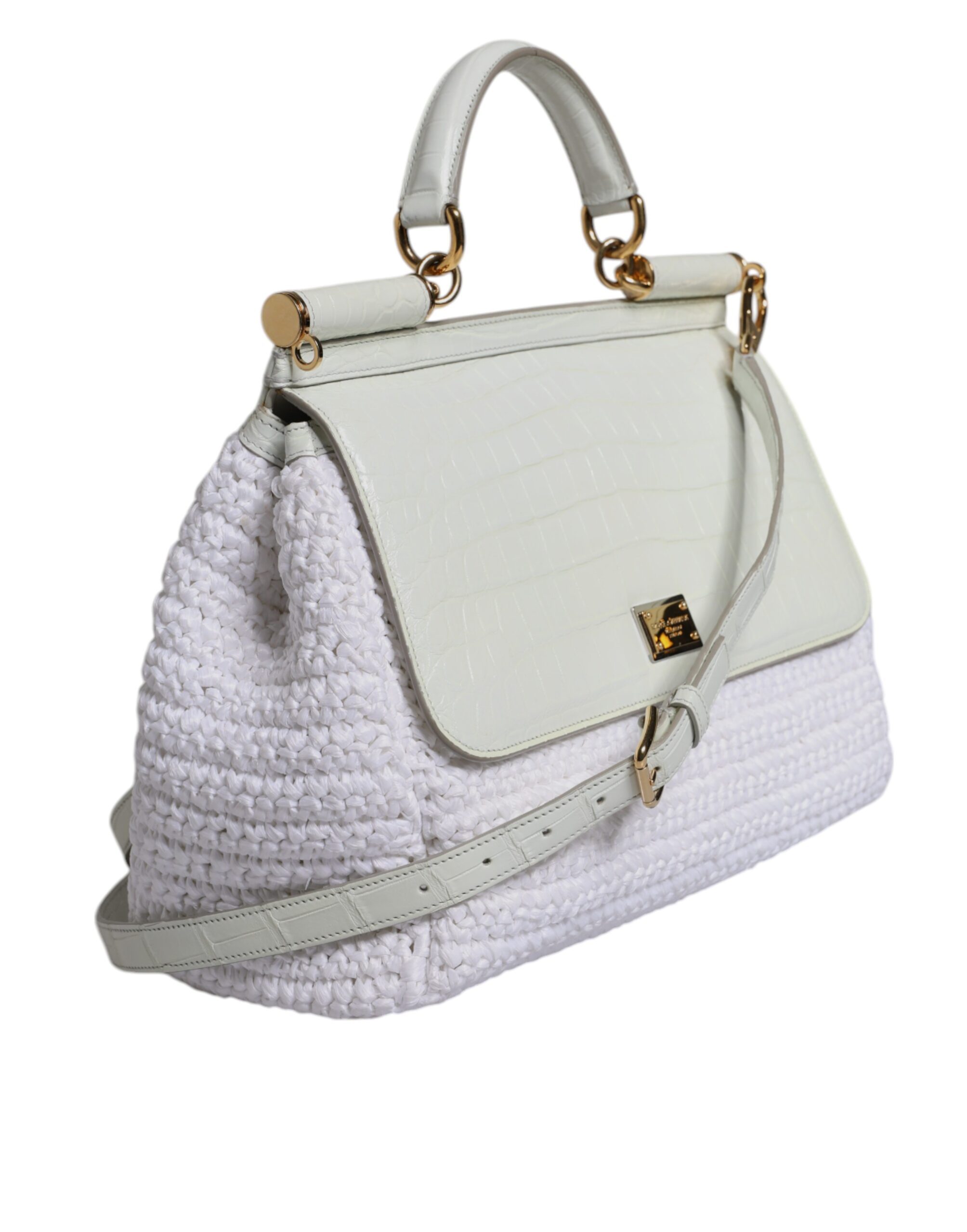 Dolce & Gabbana White Rafia Leather Top Handle Crossbody Bag - Image 4