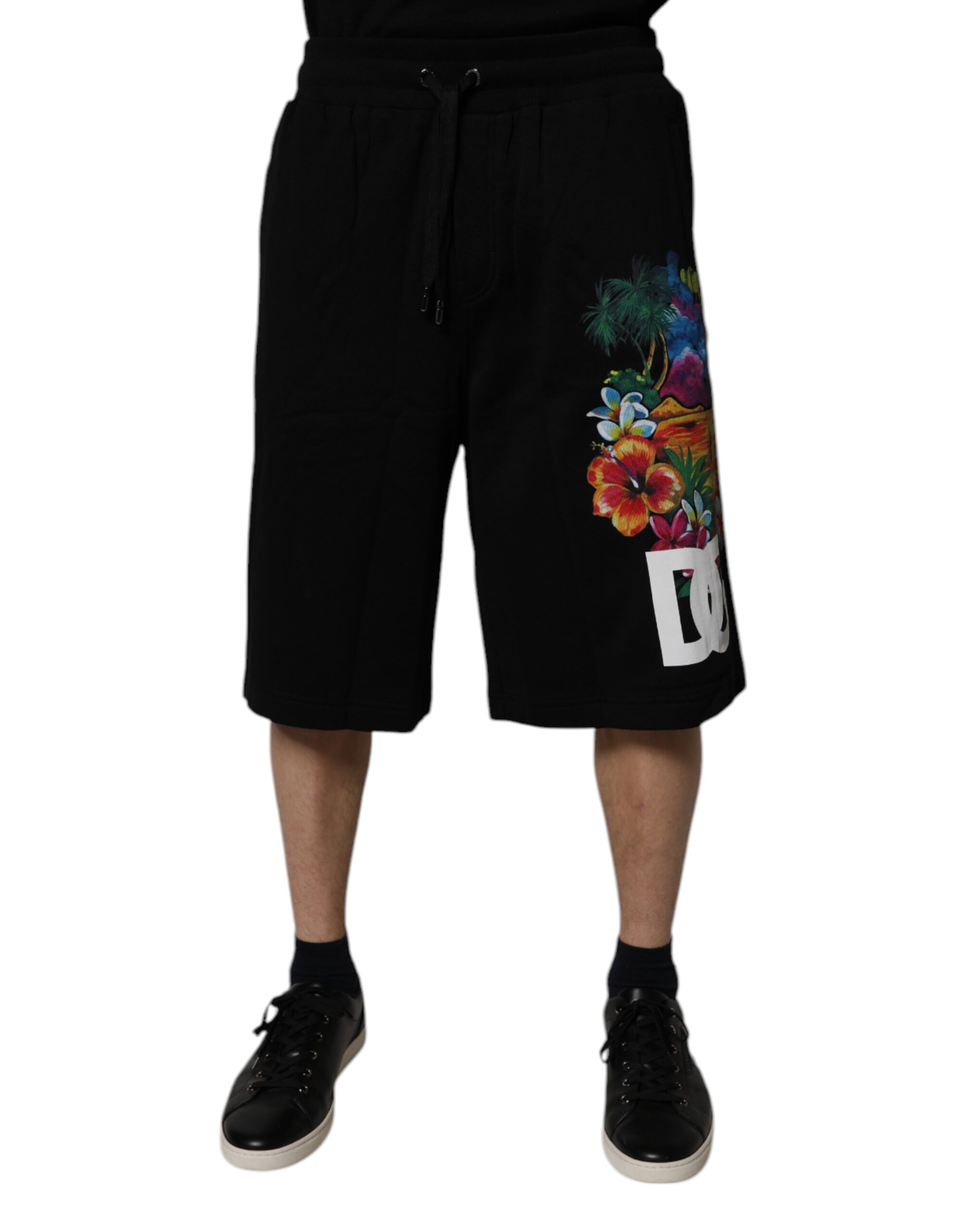 Dolce & Gabbana Black Cotton Logo Floral Print Bermuda Shorts - Image 2