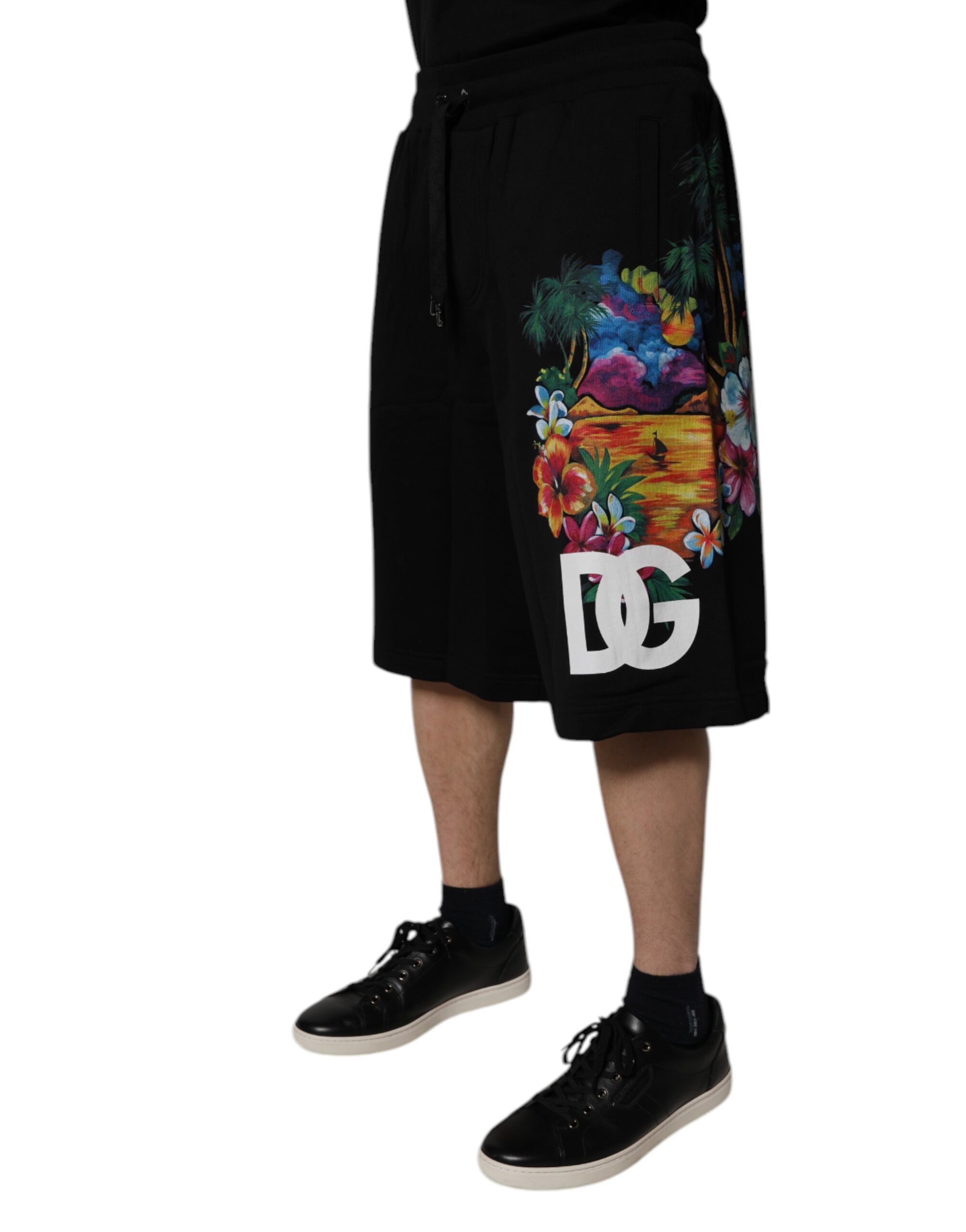 Dolce & Gabbana Black Cotton Logo Floral Print Bermuda Shorts - Image 3