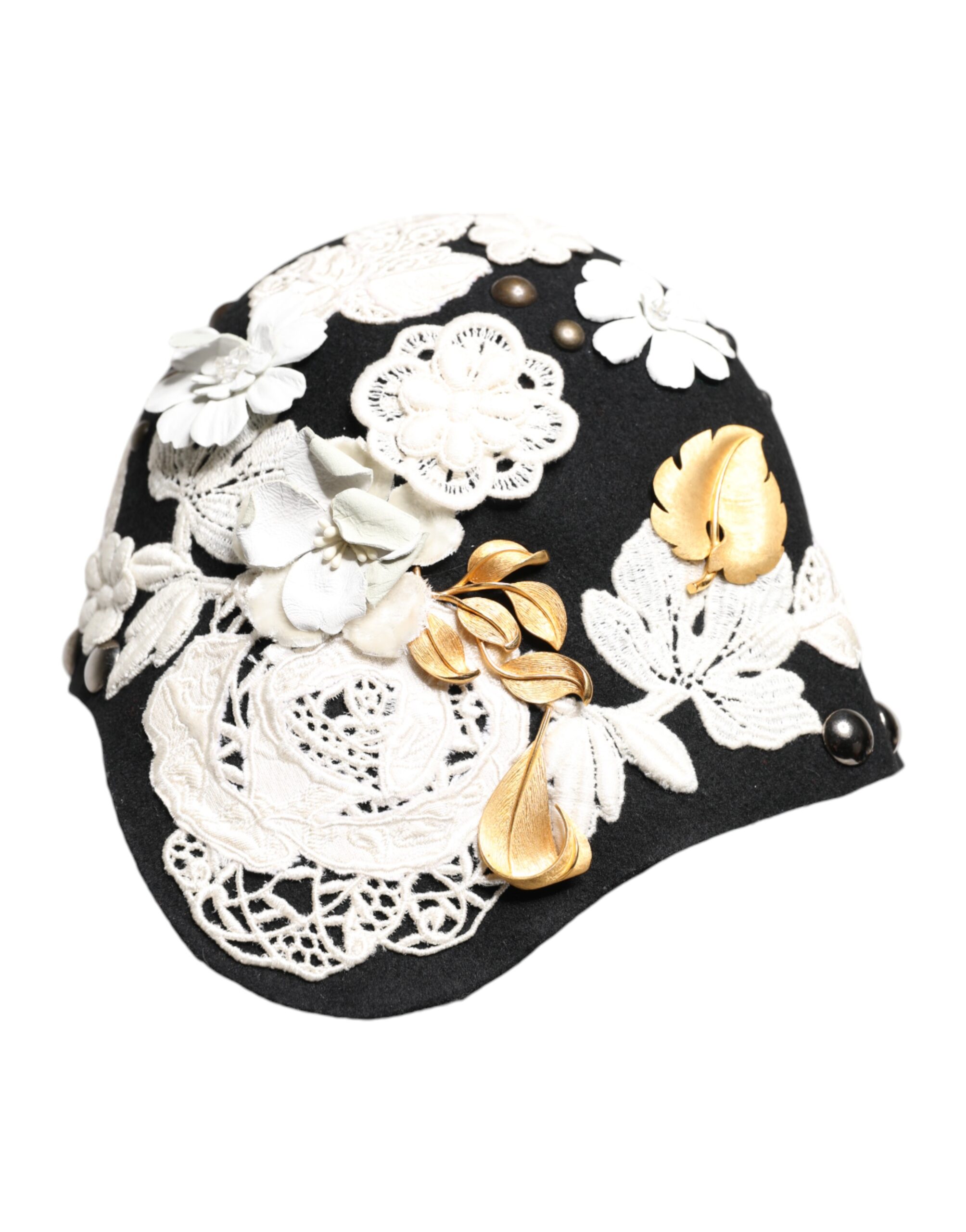 Dolce & Gabbana Black Wool White Floral Gold Leaf Cloche Hat - Image 3