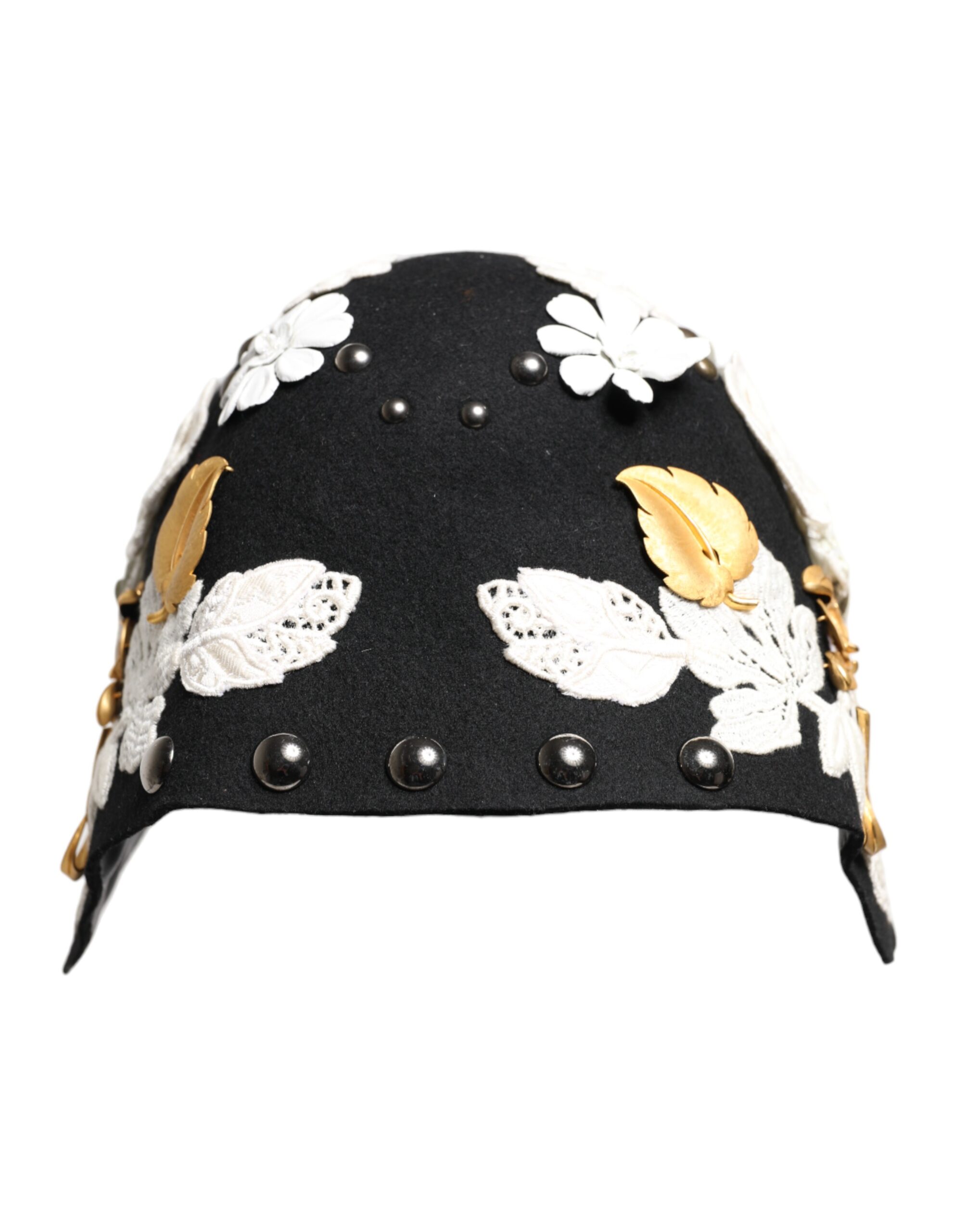 Dolce & Gabbana Black Wool White Floral Gold Leaf Cloche Hat - Image 4