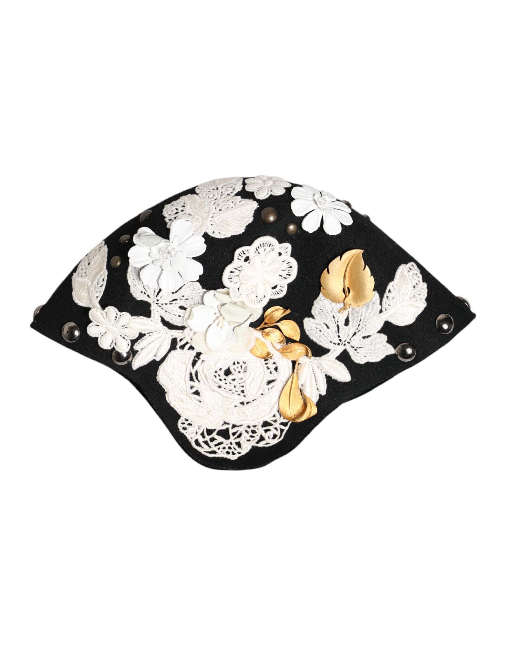 Dolce & Gabbana Black Wool White Floral Gold Leaf Cloche Hat - Image 5