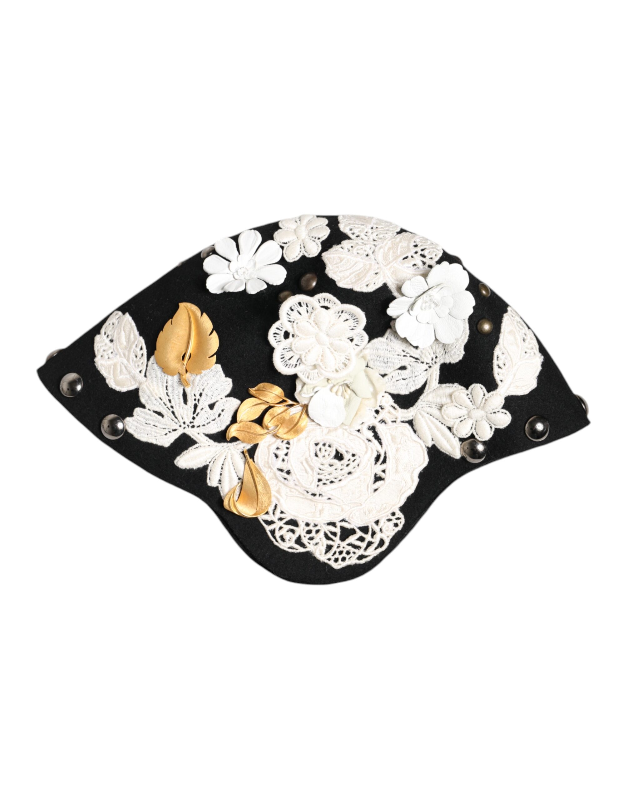 Dolce & Gabbana Black Wool White Floral Gold Leaf Cloche Hat - Image 6