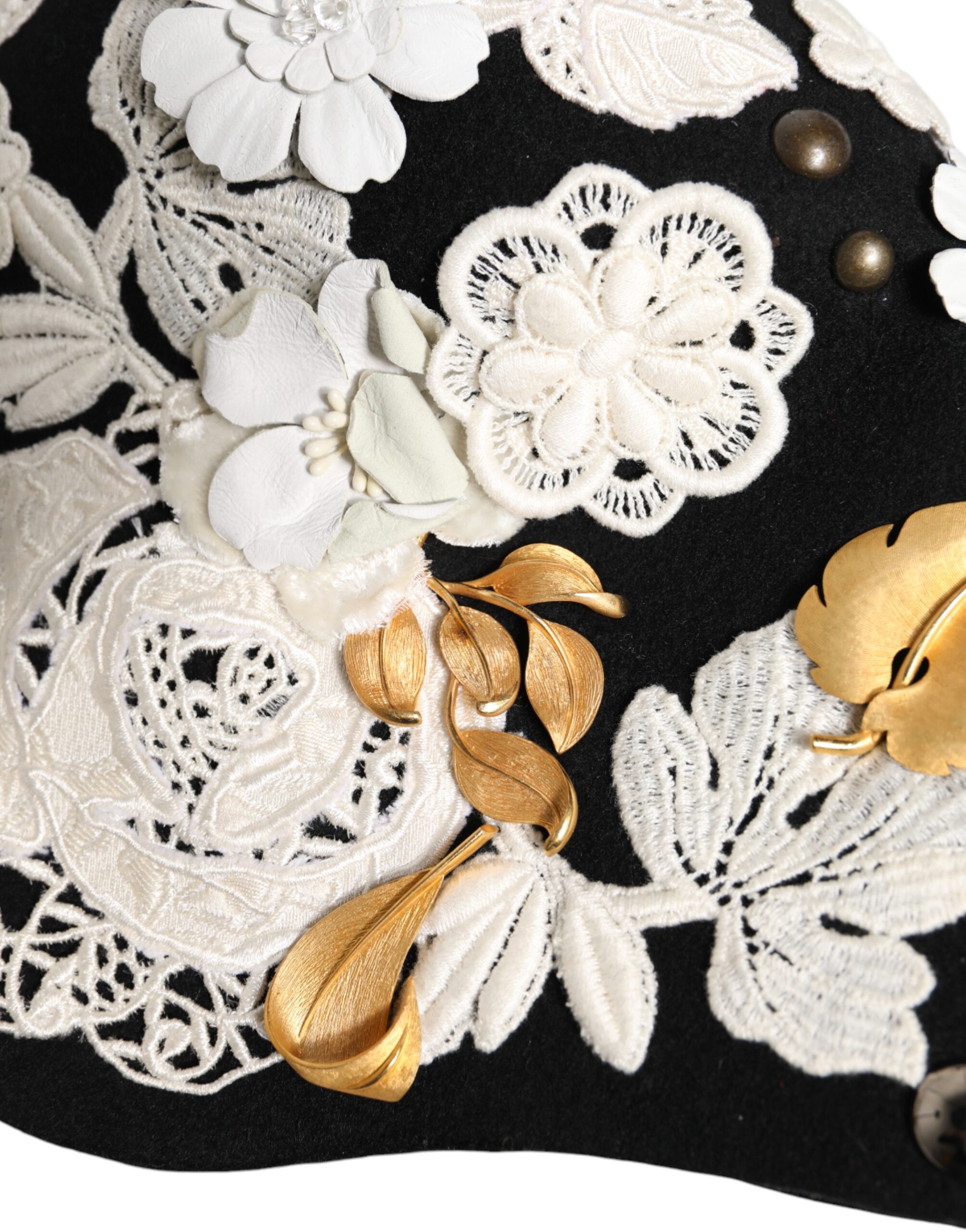Dolce & Gabbana Black Wool White Floral Gold Leaf Cloche Hat - Image 7
