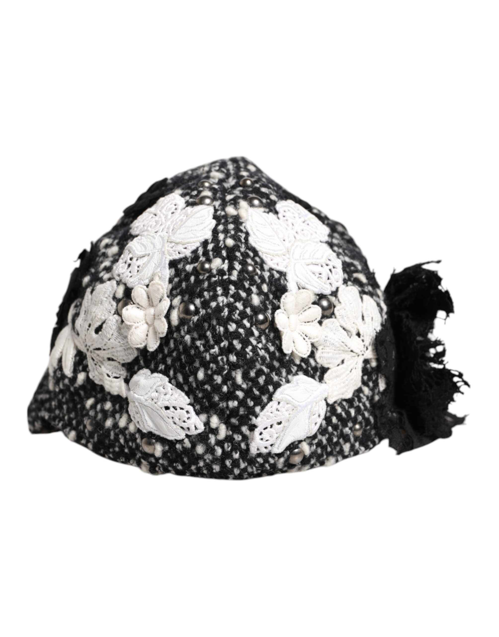 Dolce & Gabbana Black Wool White Floral Embellished Cloche Hat - Image 2