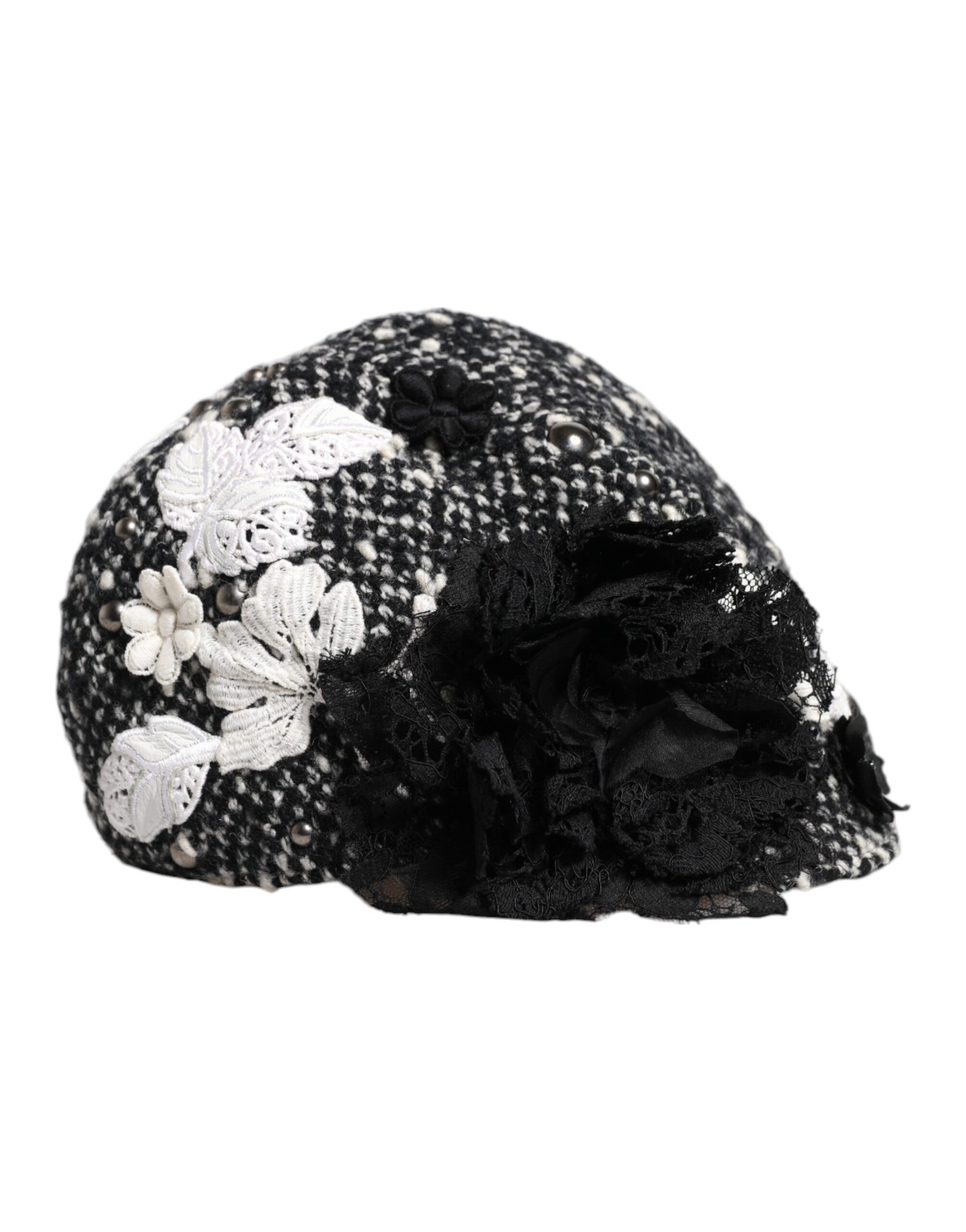 Dolce & Gabbana Black Wool White Floral Embellished Cloche Hat - Image 3